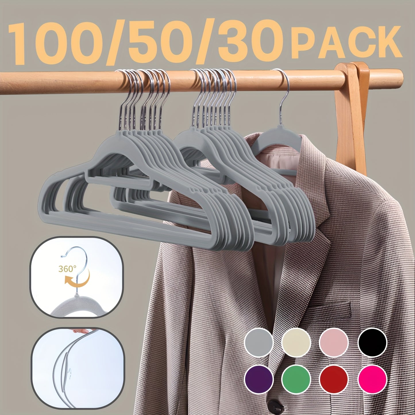 30/50/100Pack Velvet Hangers - 360° Swivel Hook, Space Saving Felt Hangers for Suit Hangers - Felt Hangers for Coats, Pants & Dress Clothes Non Slip Clothes Hanger Set Heavy Duty Coat Hangers Pants Hangers