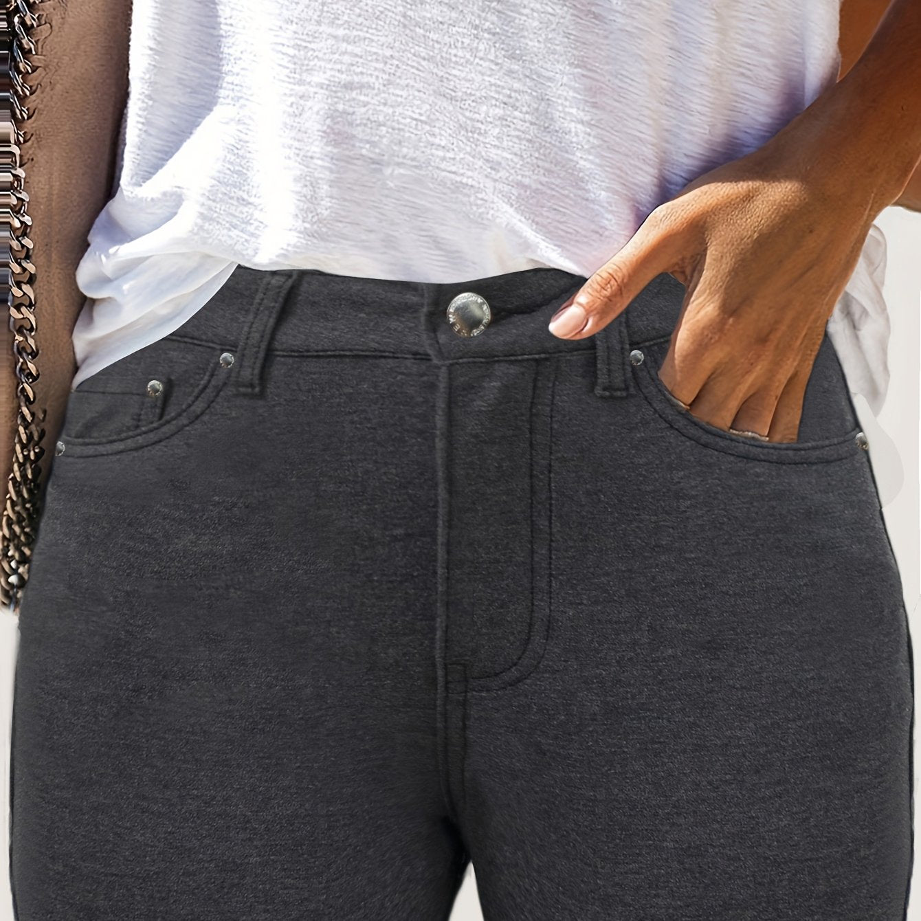 Women's High-Waisted Stretchy Street Style Solid Black Slim-Fit Jeans with Metal Button Details