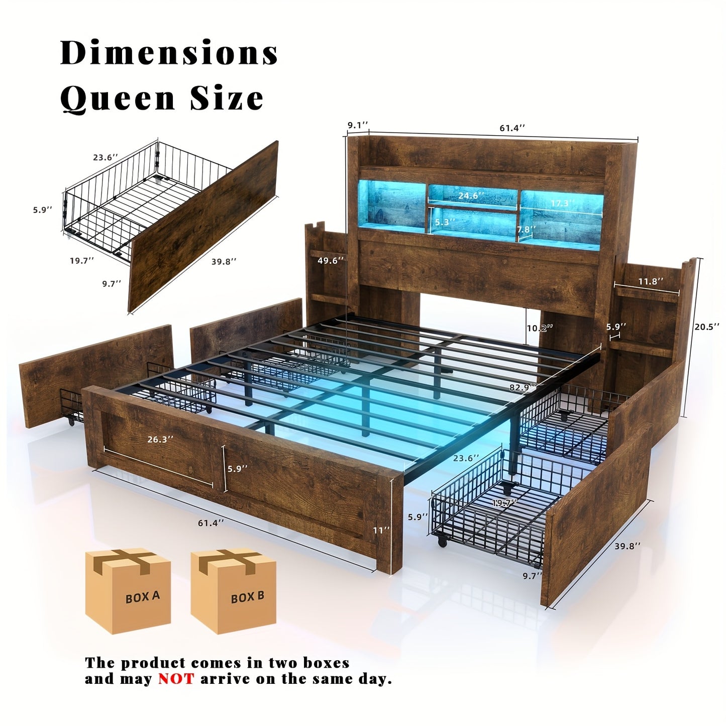 Farmhouse Wooden Bed Frame With 4 Storage Drawers, LED Bed Frame With 49" Tall Bookcase Headboard, Wood Platform Bed With Charging Station & 2 Slide Bedside Shelf