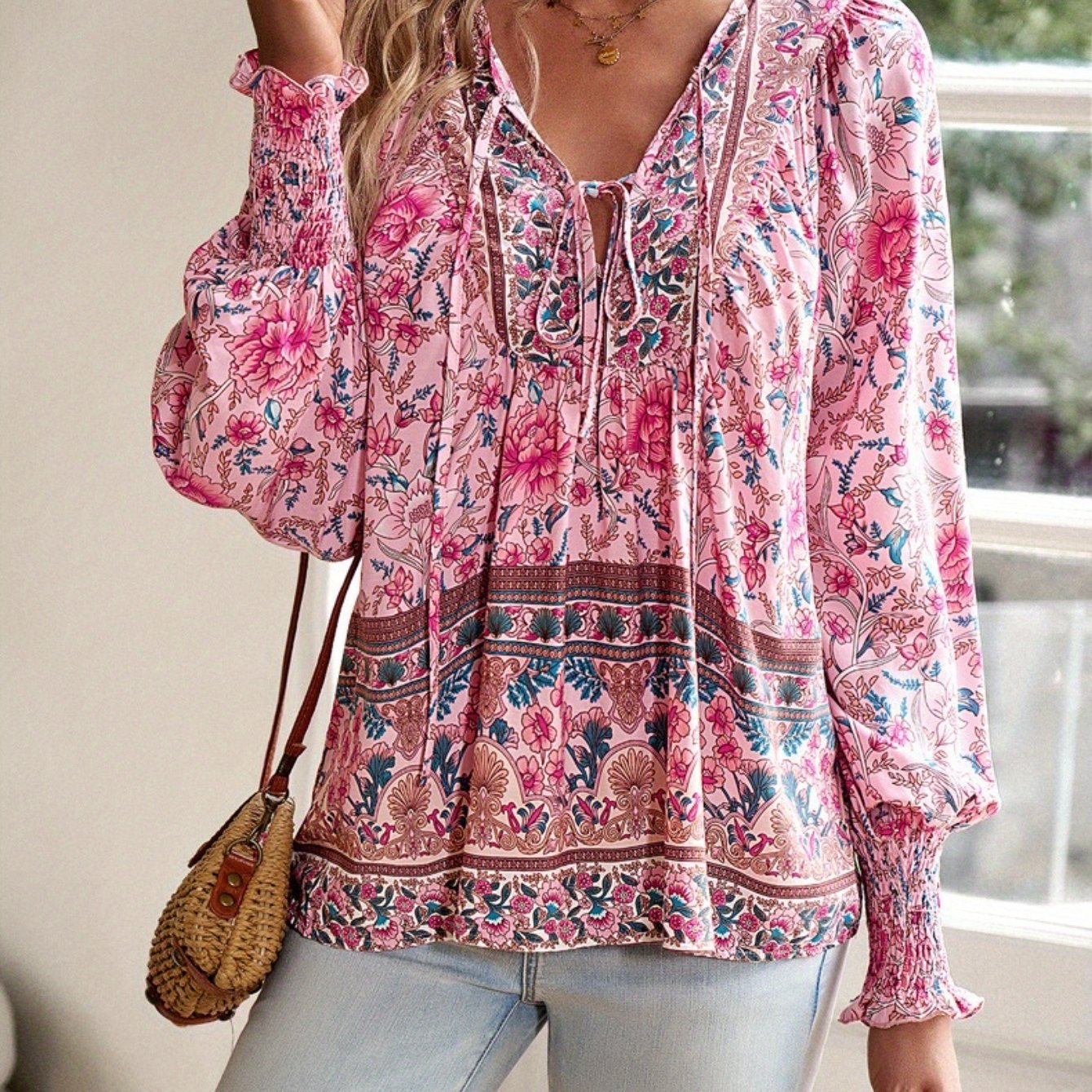 Women's Bohemian Floral Print V-Neck Long Sleeve Blouse - Elegant All-Season Top with Multicolor Blue Pink Green Purple Orange Yellow White Patterns, Lace-Up Front & Machine Washable Shirt for Beach Vacation & Casual Attire,