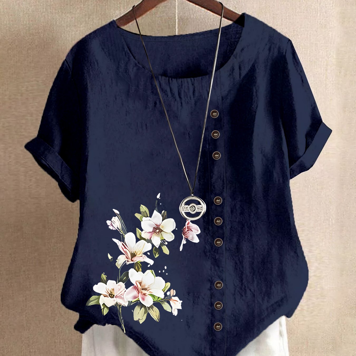 Women'S Relaxed Fit Short Sleeve Blouse with Floral Pattern - Navy Blue, Round Neck, Button-Up, Casual Style, All-Season Wear, Casual Wear Blouse | Floral Pattern Top | Durable Fabric, Ladies T Shirts