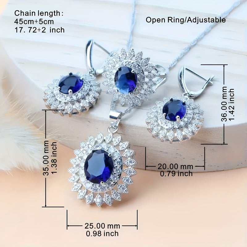 5pcs Luxury Synthetic Synthetic Zircon Jewelry Set for Teenager, Blue Stones, Includes Necklace, Bracelet, Earrings, Ring, Weddings, Banquets, Valentine'S Day Gift, All Seasons Wear, Elegant Accessories|Floral Theme|Best f