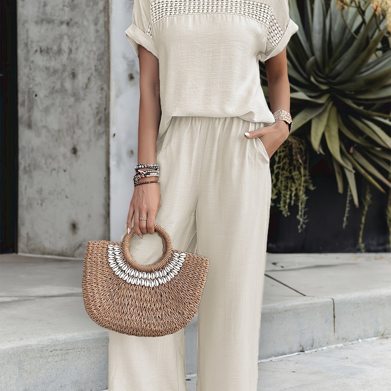 Women'S Casual Fashion Solid Color Cut-Out Short-Sleeved Pants