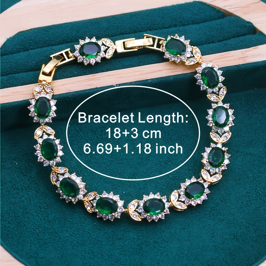 5pcs - Elegant Green Cubic Synthetic Cubic Synthetic Zirconia Jewelry Set, 18K Golden-Plated Jewellry Sets- Stud Earrings, Bracelet, Open Ring And Necklace Set, Suitable for Weddings, Party, Christmas Gift