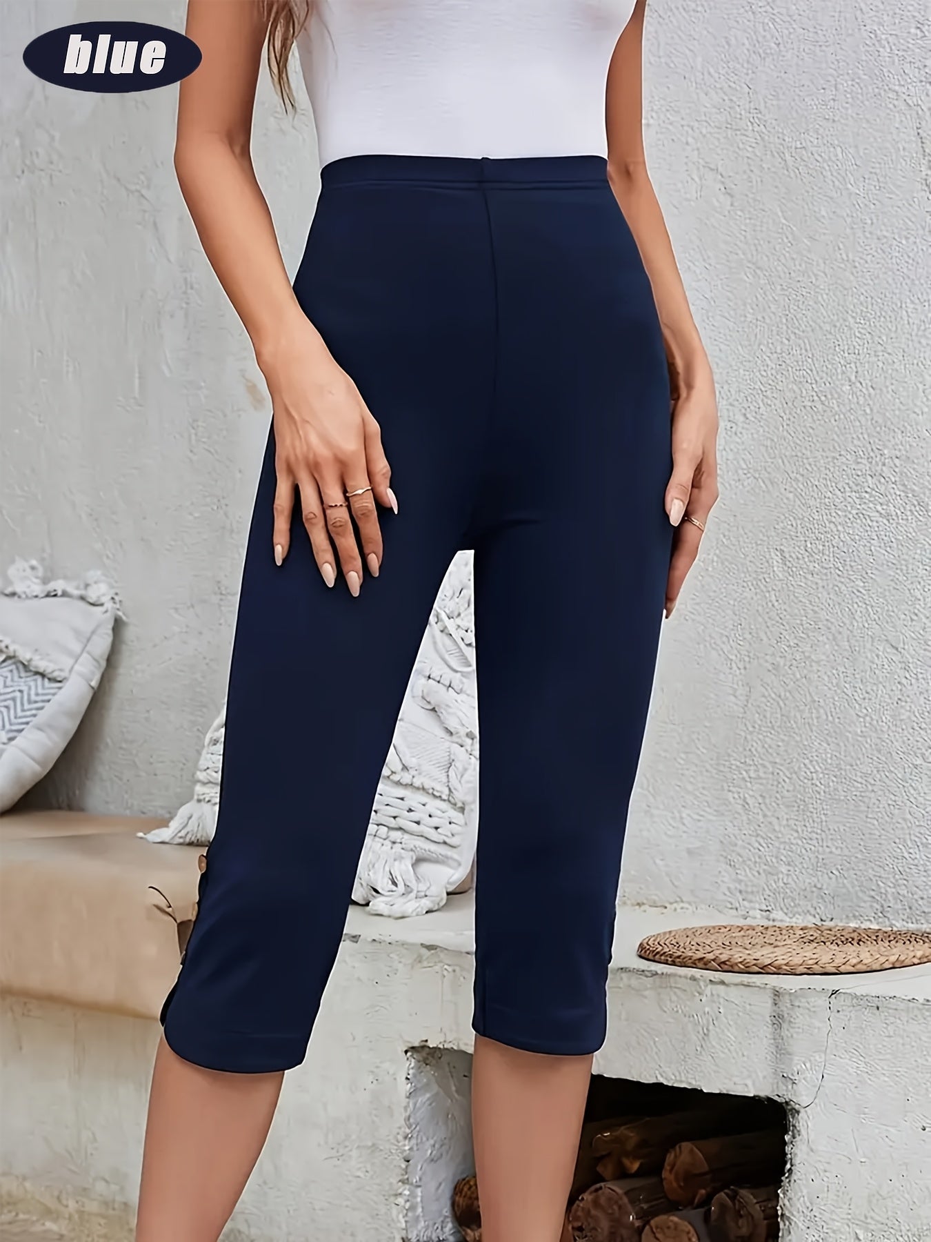 3pcs Set Of Women's High Waisted Capri Leggings - High Stretch Fake Button Details, 3 Solid Colors (black, Navy Blue, Red), Machine Washable for Casual Outdoor Wear In Spring, Summer, Autumn, High Waisted Leggings, Seasonal F