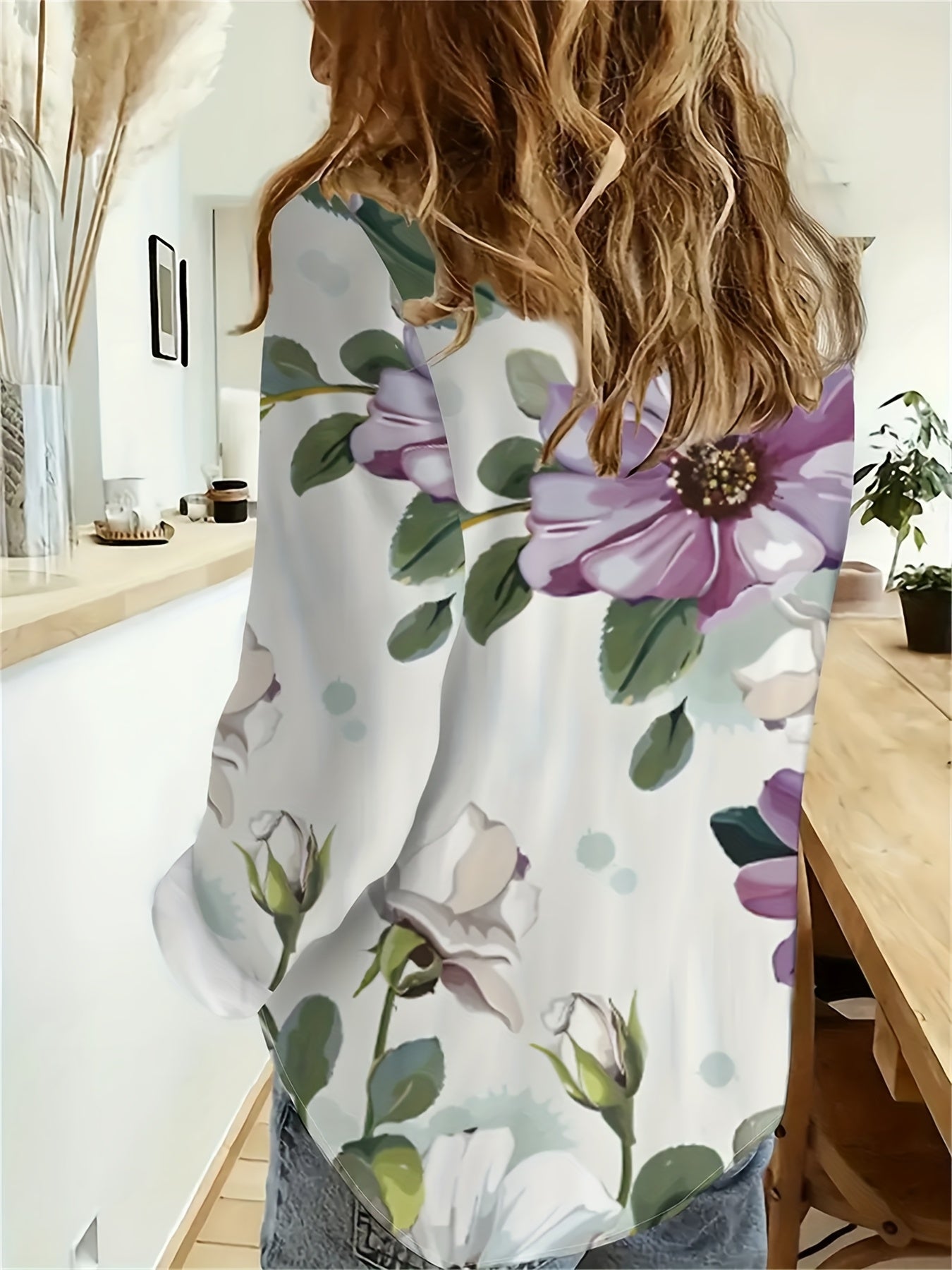 Women'S Casual V-Neck Long Sleeve Blouse with Daisy Print - Lightweight Polyester, Button-Up Shirt for Spring & Fall, Versatile for Casual Attire, Ladies Blouses