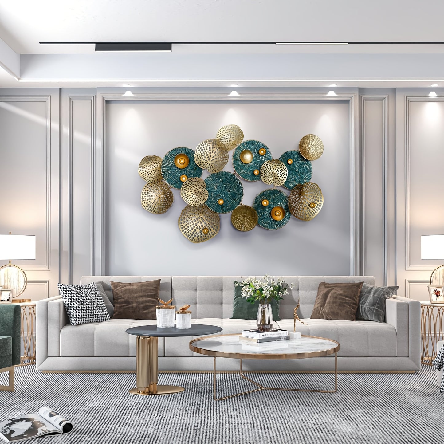Boho Style Metal Wall Art, 3D Floral Sculpture, Self-Adhesive Glitter Flower Wall Decor, Reusable Multi-Surface Leaf Pattern, Shimmery Finish, with No Battery Required for Living Room, Bedroom, Kitchen