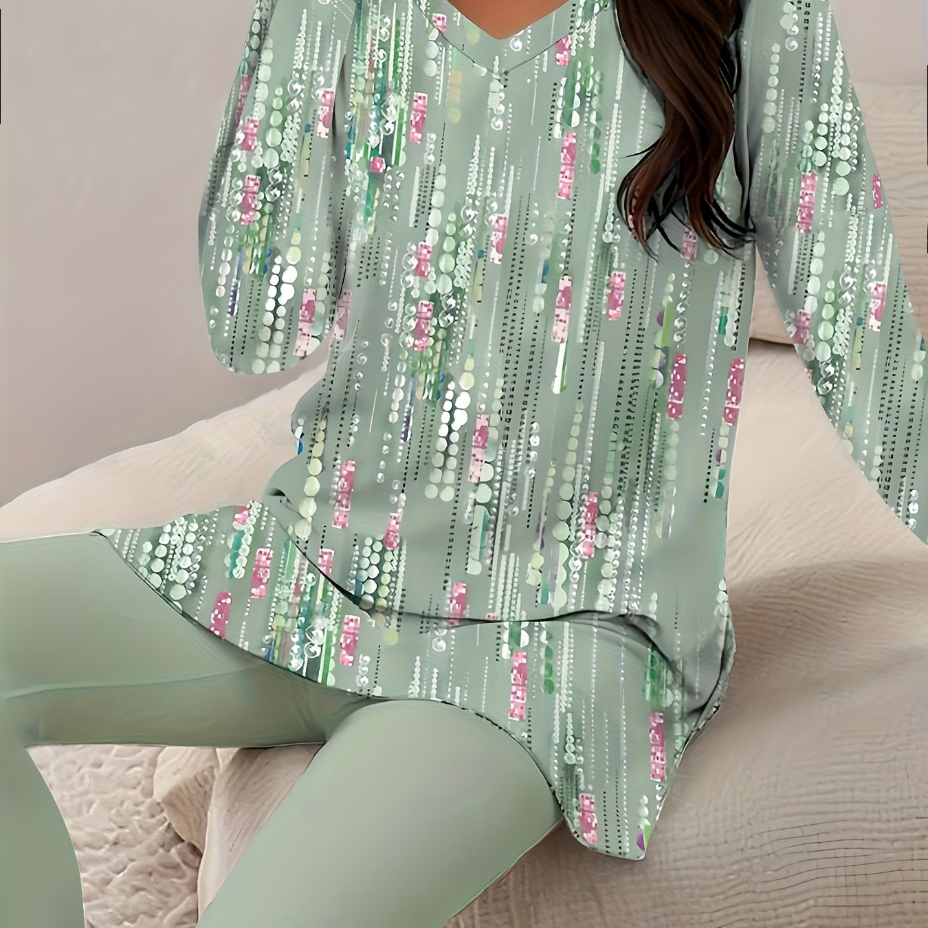Gavin Targeted Development Of European And American Women's Clothing Hot-selling New Popular Flower Print V-neck Long-sleeved Trousers T-shirt Suit