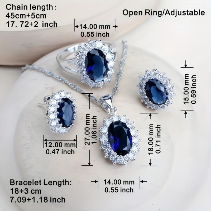 5pcs/ set Blue Copper Inlaid Synthetic Zirconia Women's Earrings + Adjustable Open Ring + Necklace + Bracelet Wedding Jewelry Set, Classic and Elegant Valentine's Day and Mother's Day Gift