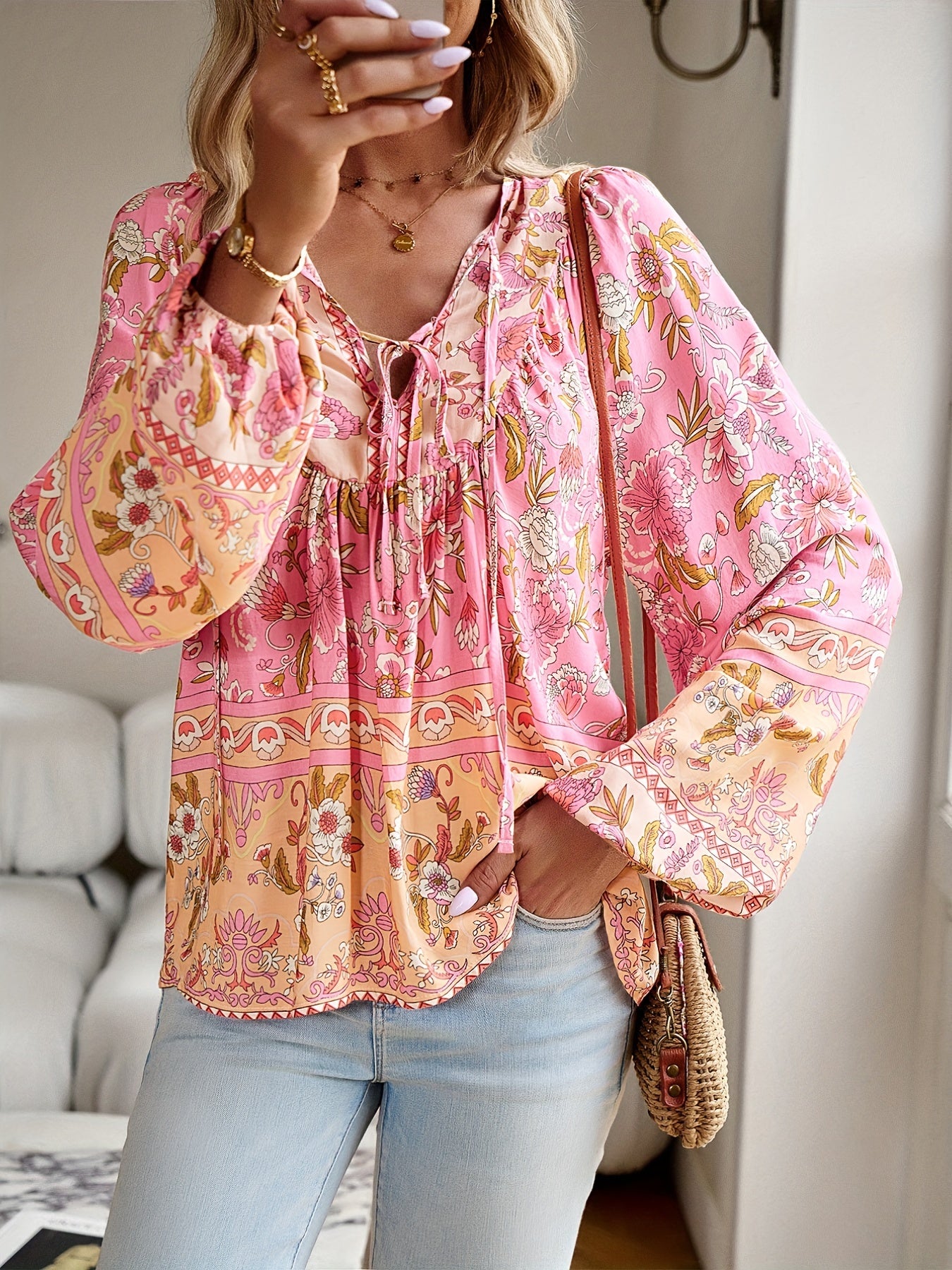 Boho Chic Floral V-Neck Blouse with Tie Detail - Long Sleeve, Casual Resort Wear for Women, Temperament, Fringed Shirt, Leisure Style, ALL/Global/All