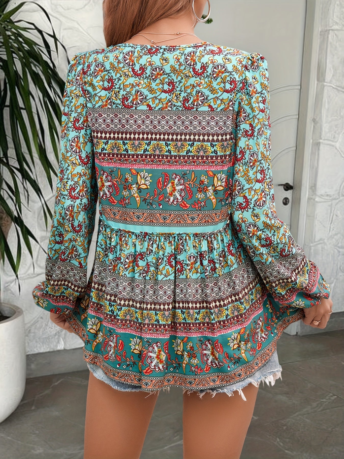ZAFUL Women'S Lace-up Pendant Tassel Bohemian Print Shirt Top, Long Sleeve Loose Casual T-shirt