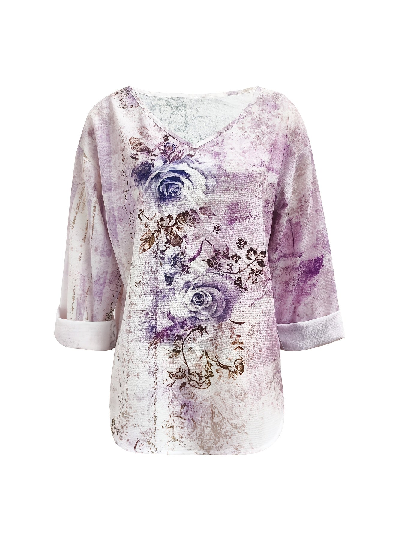 Women's Vintage Casual 3D Floral Print V-Neck Long Sleeve Blouse - Lightweight Summer Shirt with Pink Roses & Green Foliage Design, Machine Washable, Relaxed Fit Top, Soft Texture Apparel, Everyday Top, Breathable Fabric, Adu