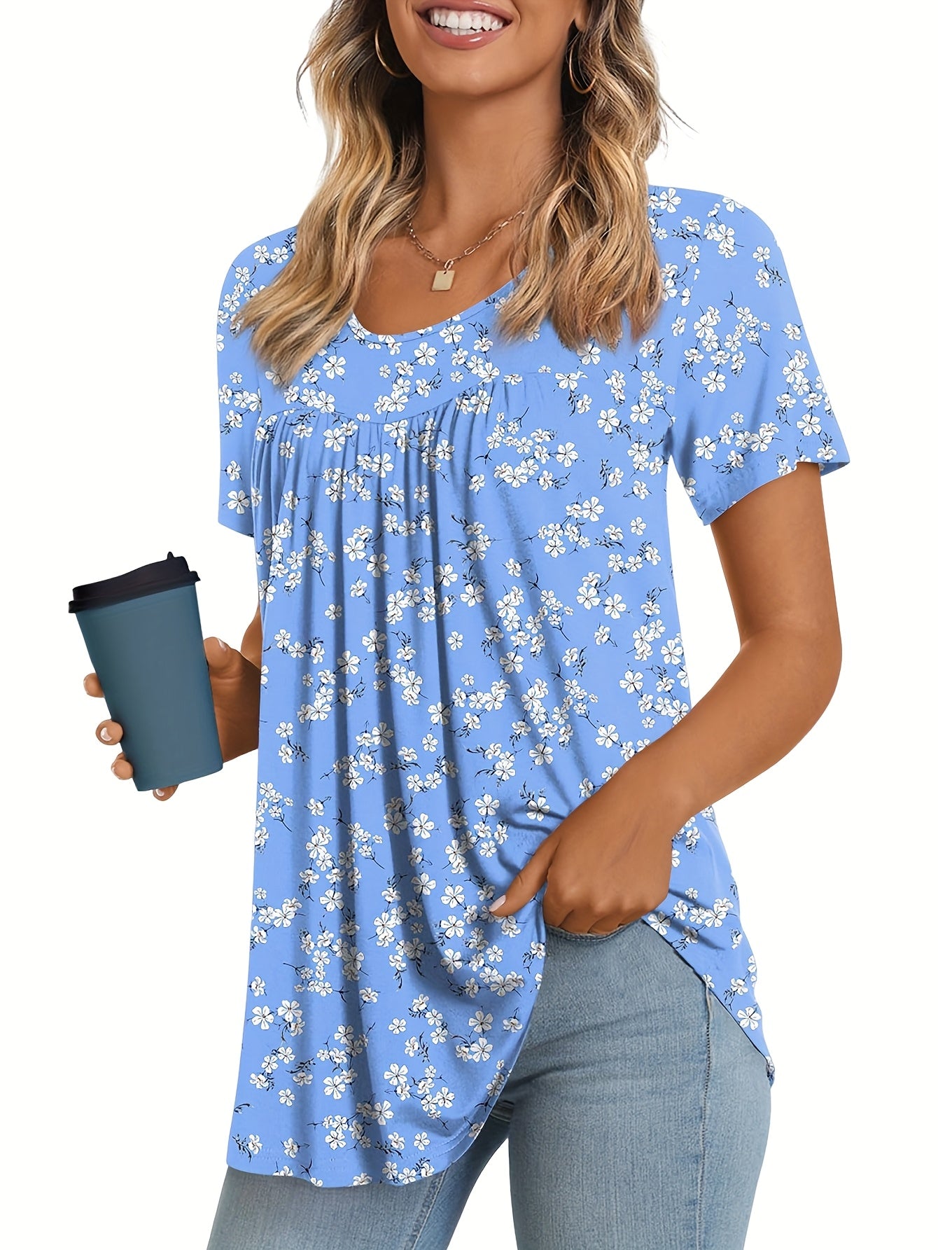 Three-Piece Women's Comfortable Loose-Fit Casual Shirt with Round Neck and Ruffled Short Sleeves