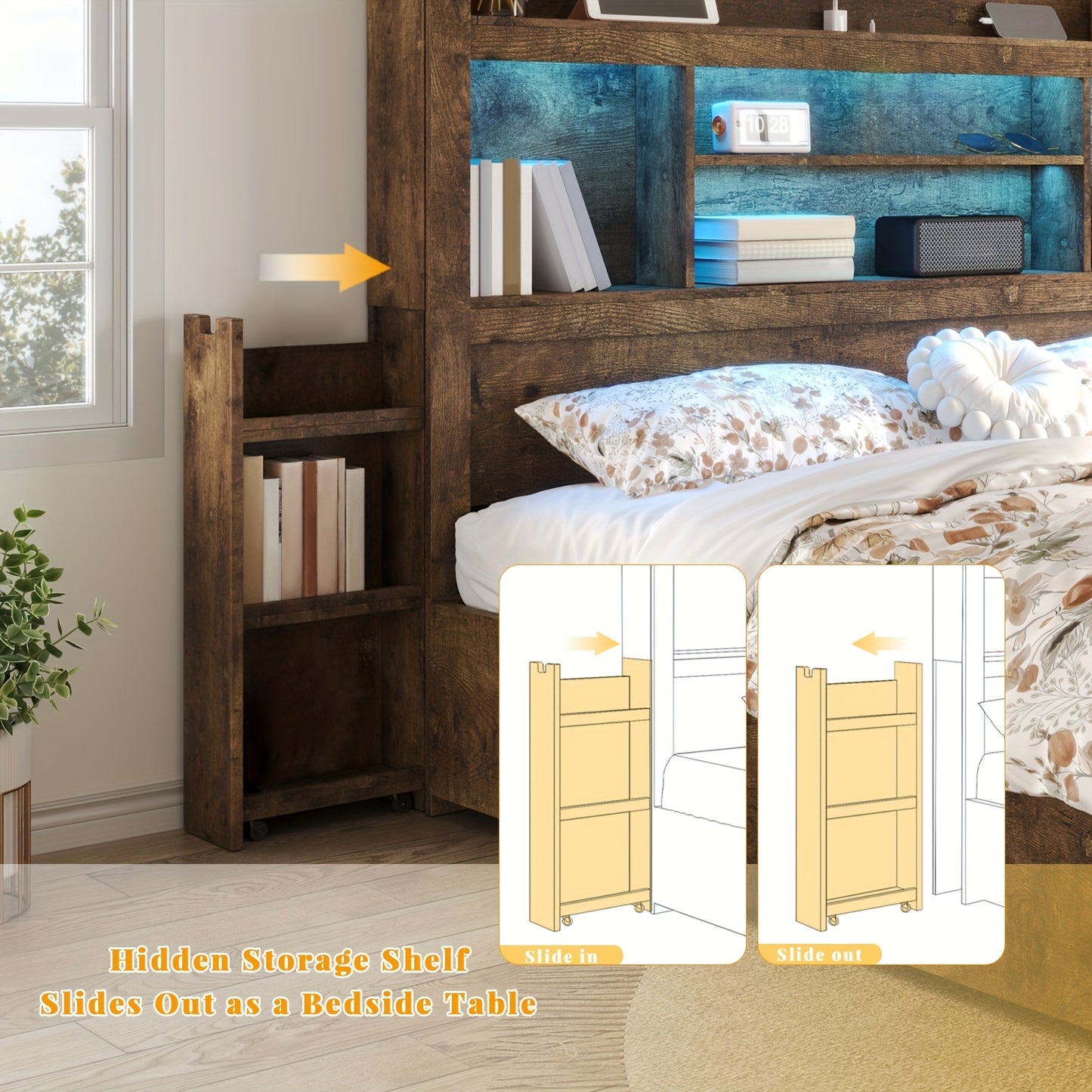 Farmhouse Wooden Bed Frame With 4 Storage Drawers, LED Bed Frame With 49" Tall Bookcase Headboard, Wood Platform Bed With Charging Station & 2 Slide Bedside Shelf