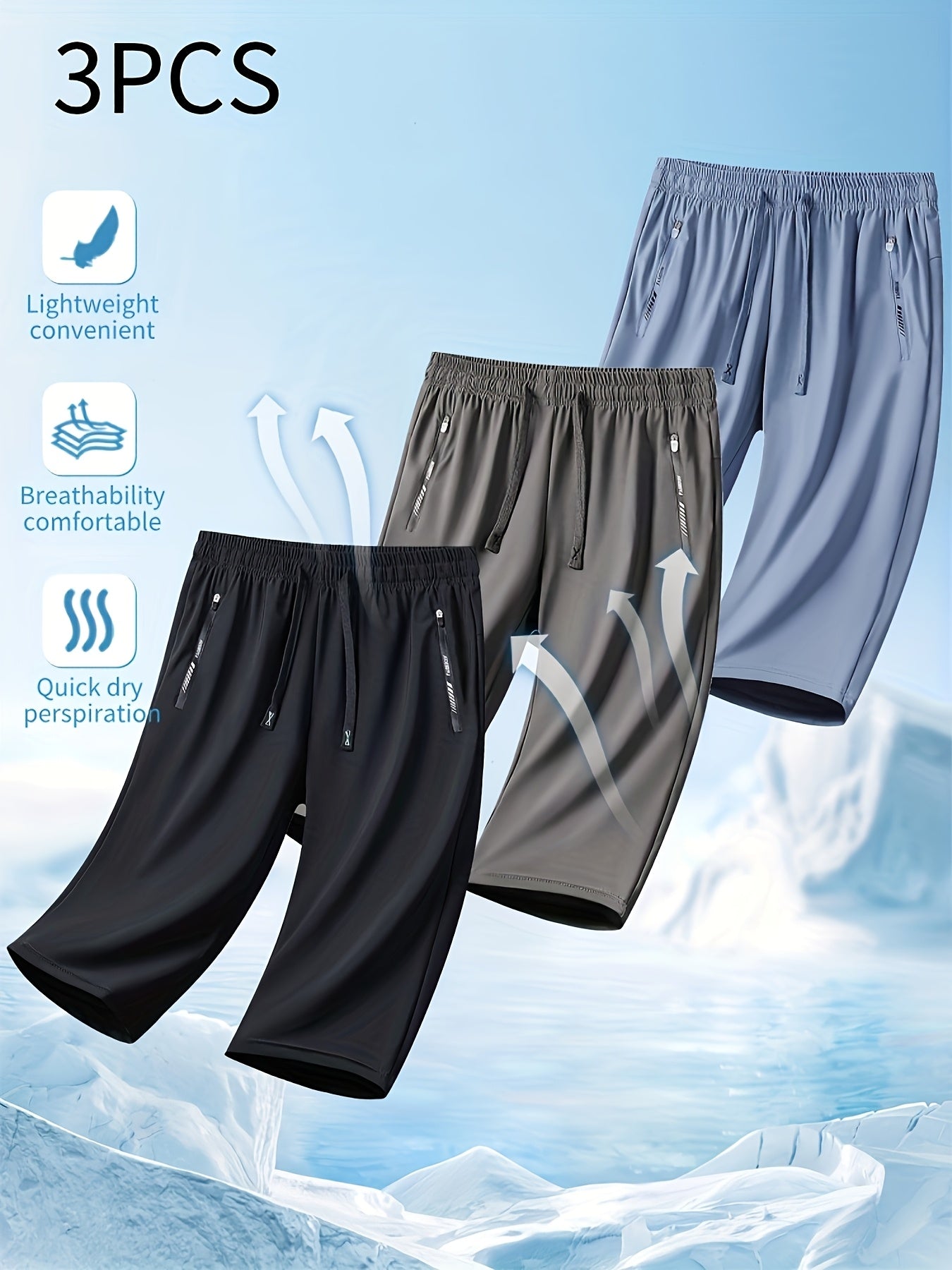 Three Pairs Of Summer Women's Shorts, Women's Solid Color 3/4 Pants, Elastic Drawstring At The Waist, Diagonal Zipper Pocket, Nylon And Spandex Medium-elastic Fabric Pants, Ice Silky Quick-drying Sports Pants, Women's Pants
