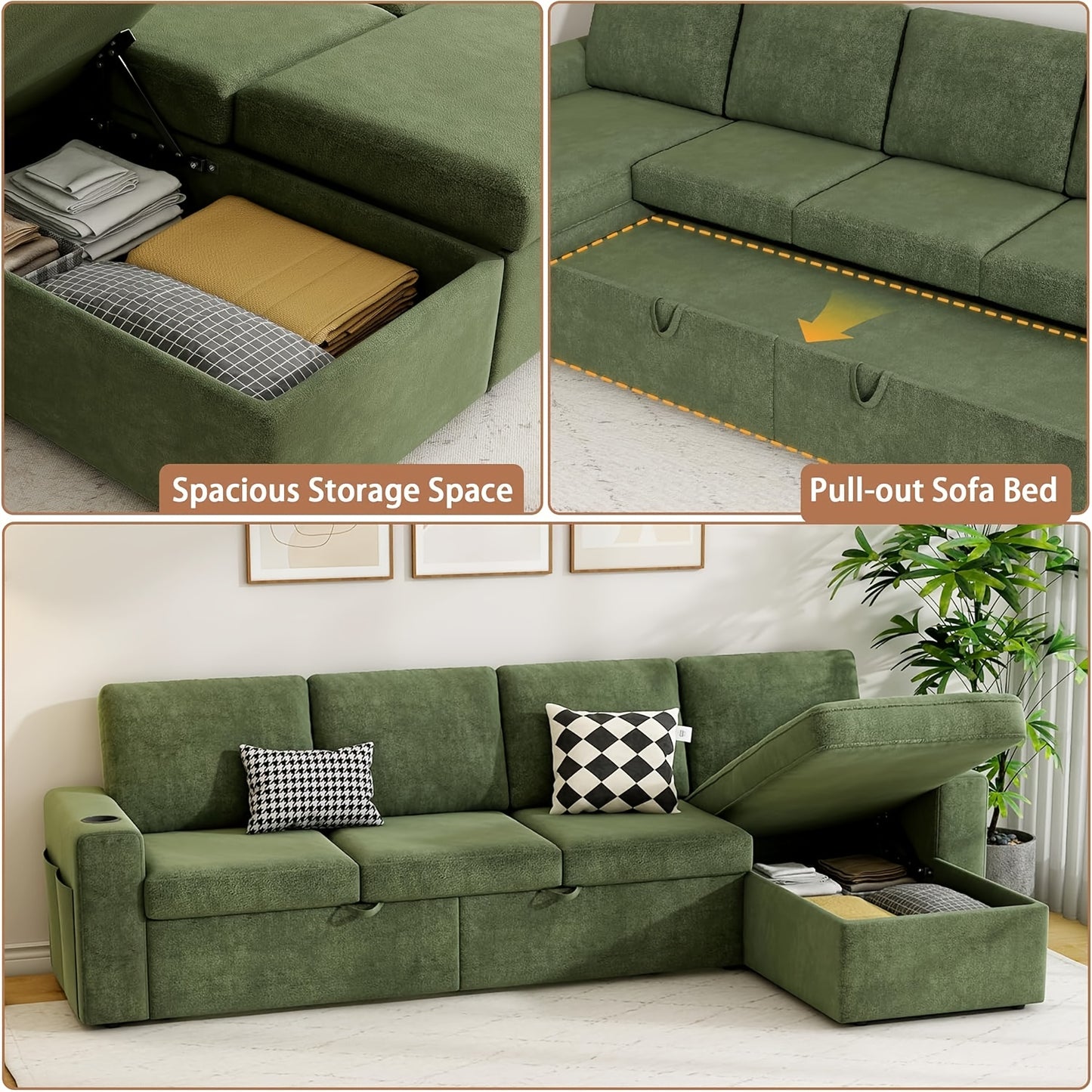 103" Extra Large L-Shaped Sectional Sleeper Sofa Bed with Storage Chaise - Convertible Pull-Out Couch, Cup Holders, Space-Saving Sleeper Sofa for Living Room, Apartment, Guest Room - Modern Sectional Furniture in Neutral Grey