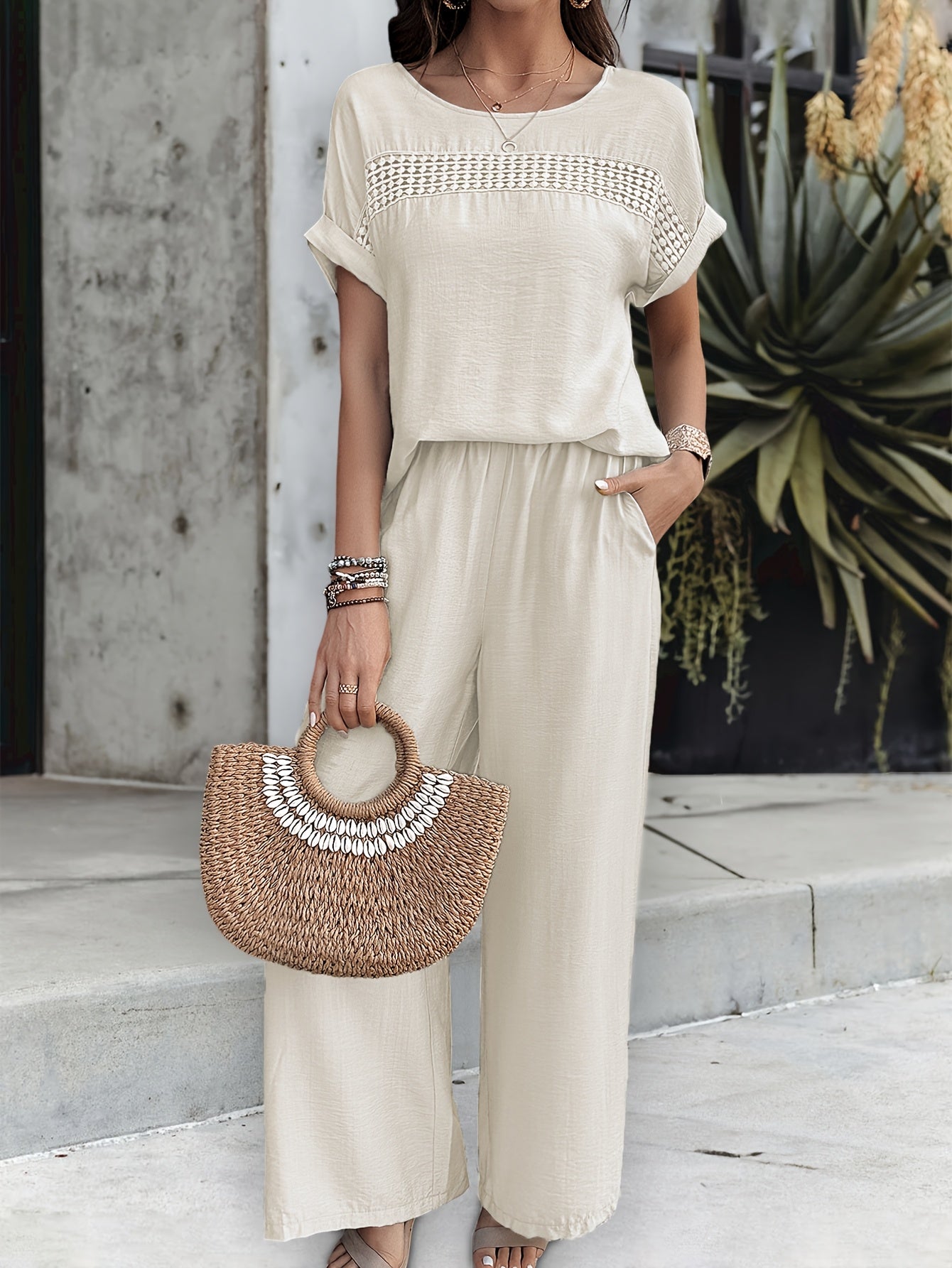 Women'S Casual Fashion Solid Color Cut-Out Short-Sleeved Pants