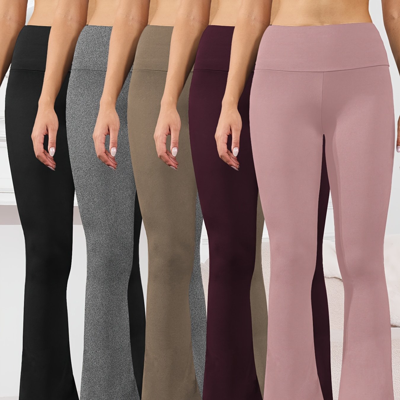 5pcs Women's Ultra-Soft High-Waist Flare Leggings - Tummy Control, Stretchy Bootcut Pants for Cycling & Sports, Available in 2 Colors