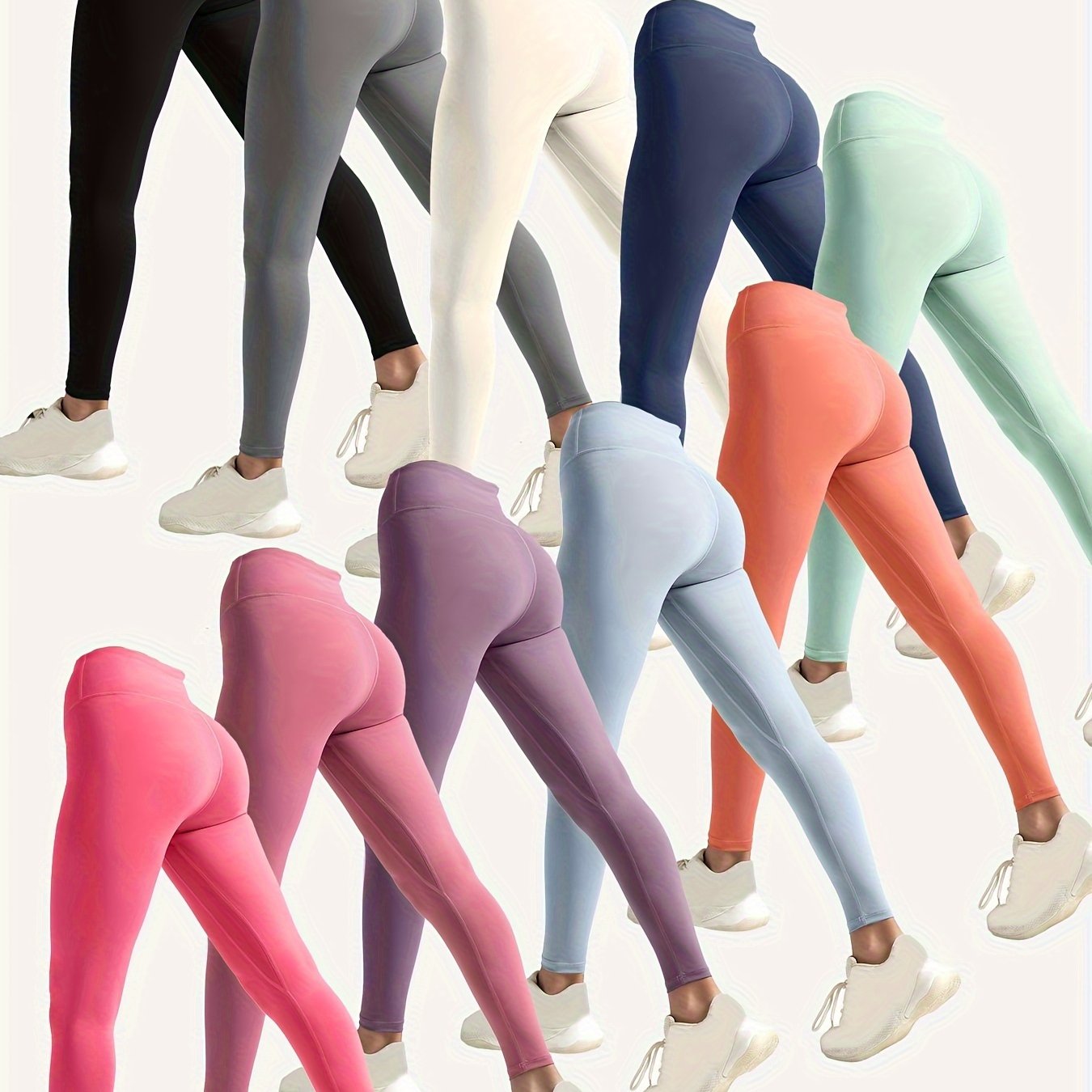 Comfortable High-Waist 10pcs Stretchy Yoga Leggings for Women - Polyester & Elastane Blend, Non-See-Through, Solid Color, Long Length, Perfect for Running & Fitness, All-Season Activewear