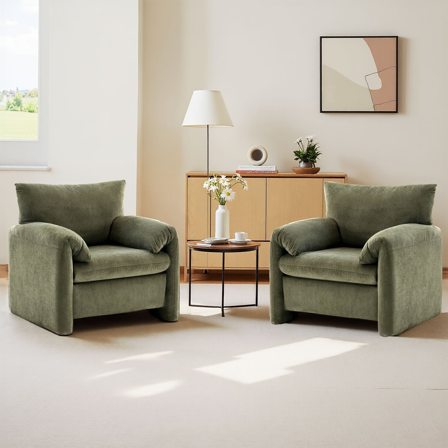 Set Of 2 - Chenille Oversized Armchair, Modern Upholstered Armchair - Modern Accent Chair & Leisure Single Sofa Chair for Living Room, Bedroom, Guest Room Or Balcony, White, Green, Grey