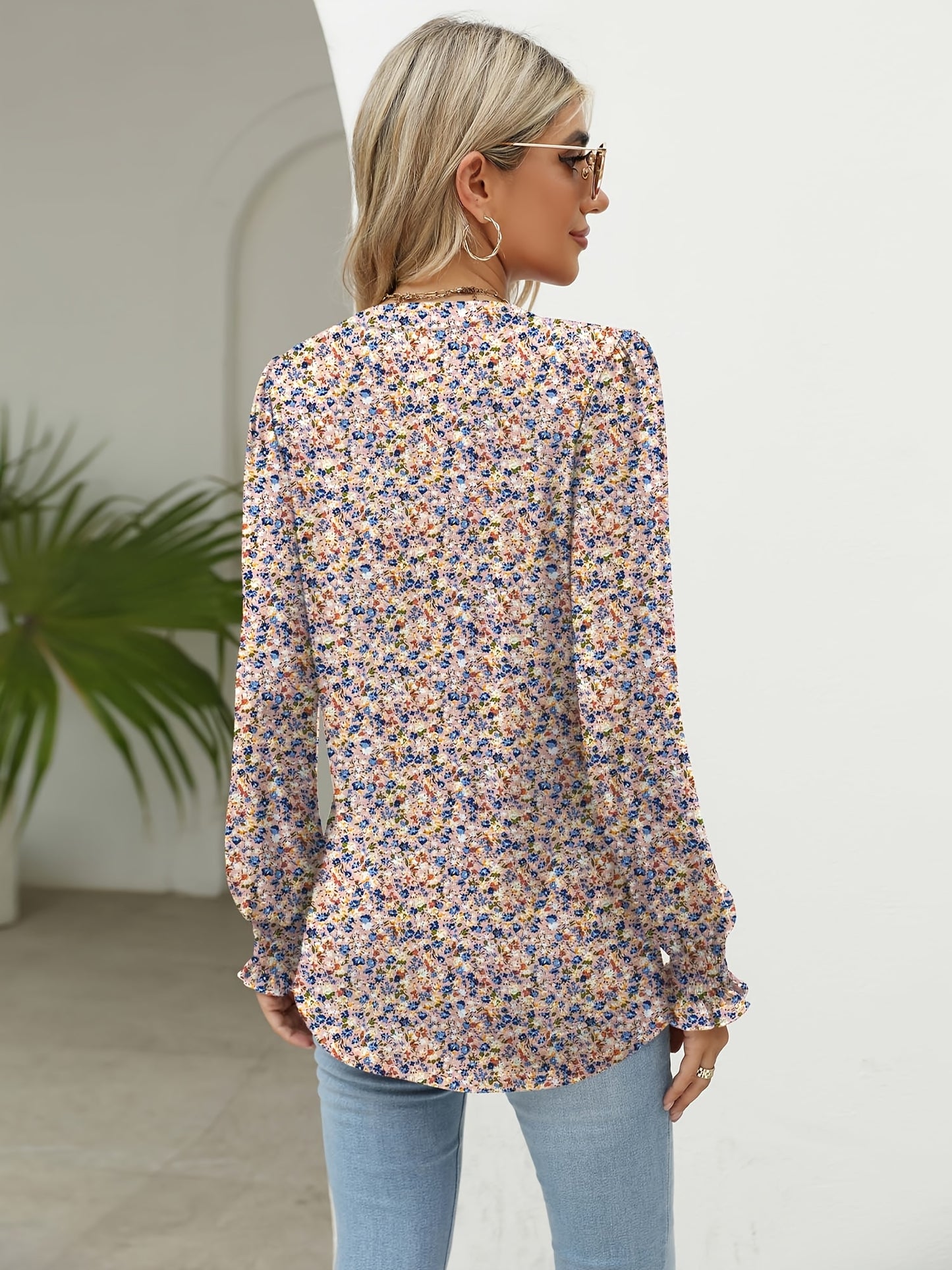 Women's Casual Floral Print Long Sleeve Top Pleated Waist Fashion Versatile Loose Pleated T-Shirt