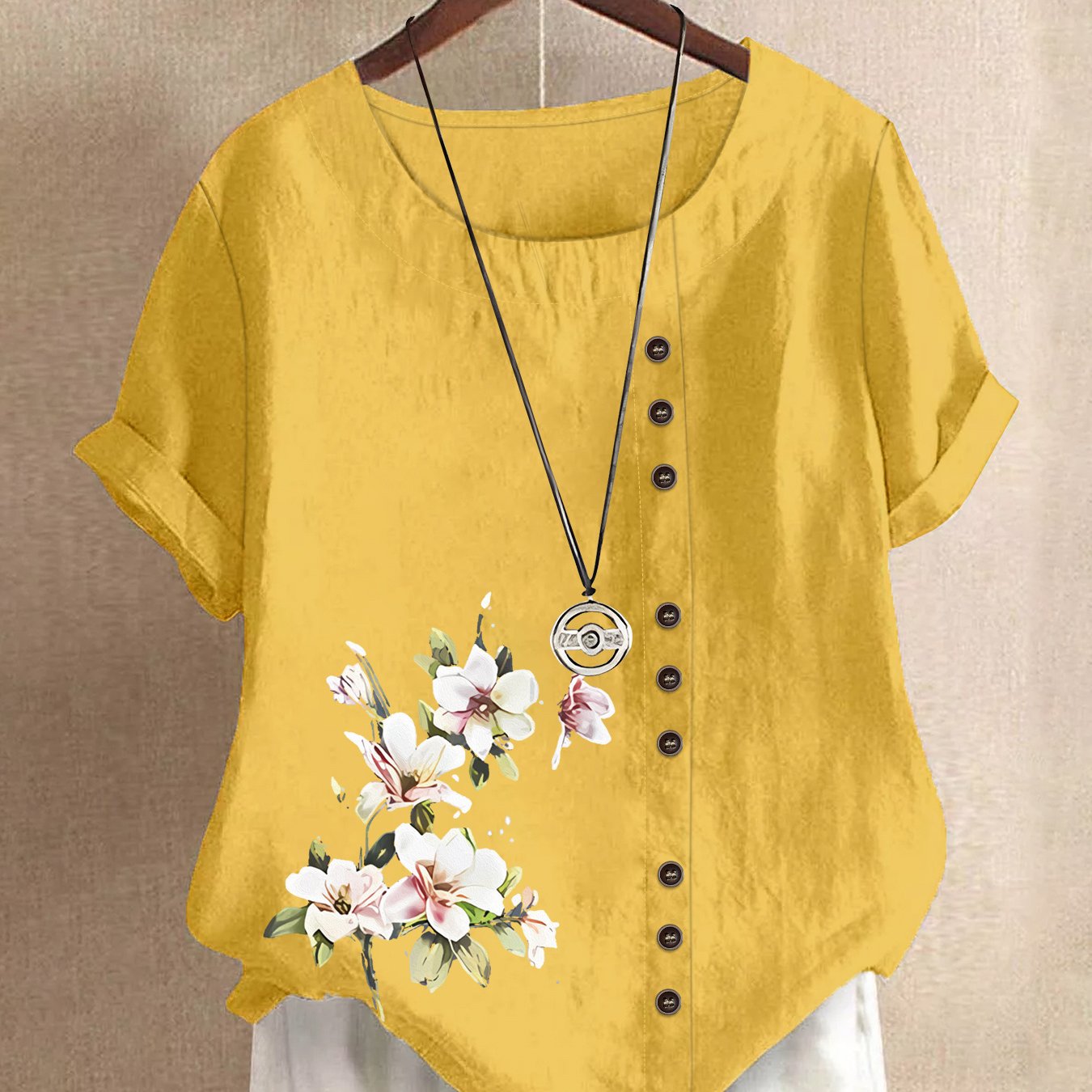 Women'S Relaxed Fit Short Sleeve Blouse with Floral Pattern - Navy Blue, Round Neck, Button-Up, Casual Style, All-Season Wear, Casual Wear Blouse | Floral Pattern Top | Durable Fabric, Ladies T Shirts