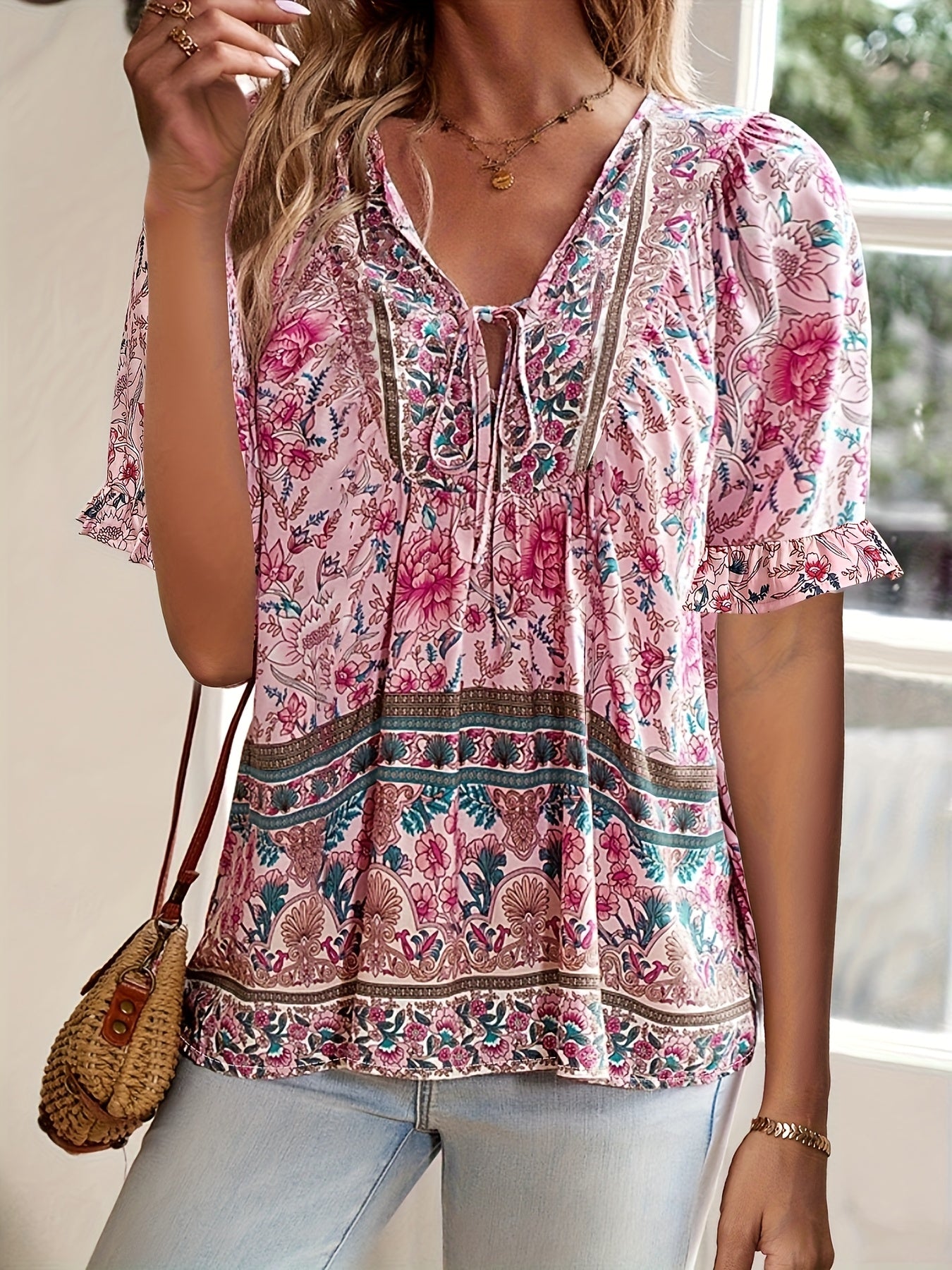 Chic and Adorable Bowknot Short Sleeve Shirt, Casual Bubble Sleeve Flared Ethnic Floral Print Women's Top for Vacation, Outings, Commuting, and Gatherings