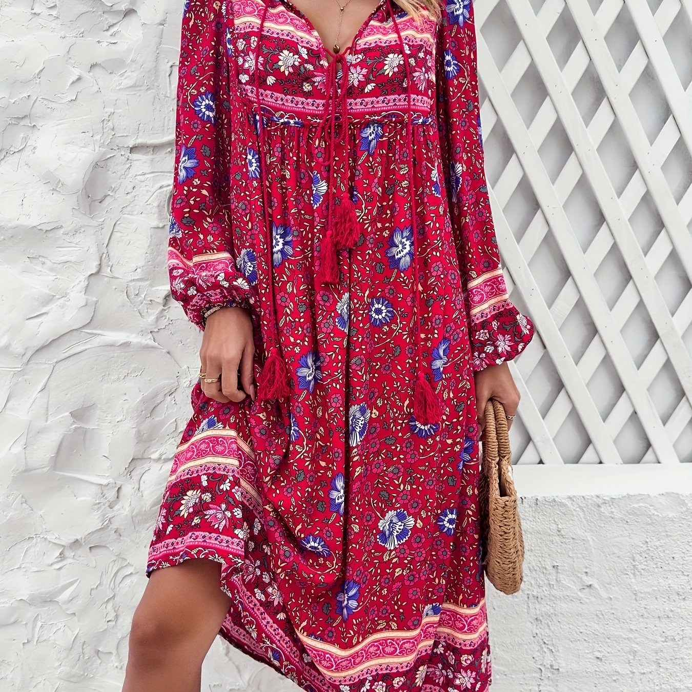 ZAFUL Women's Casual Loose Bohemian Tassel Print Long Sleeve Dress