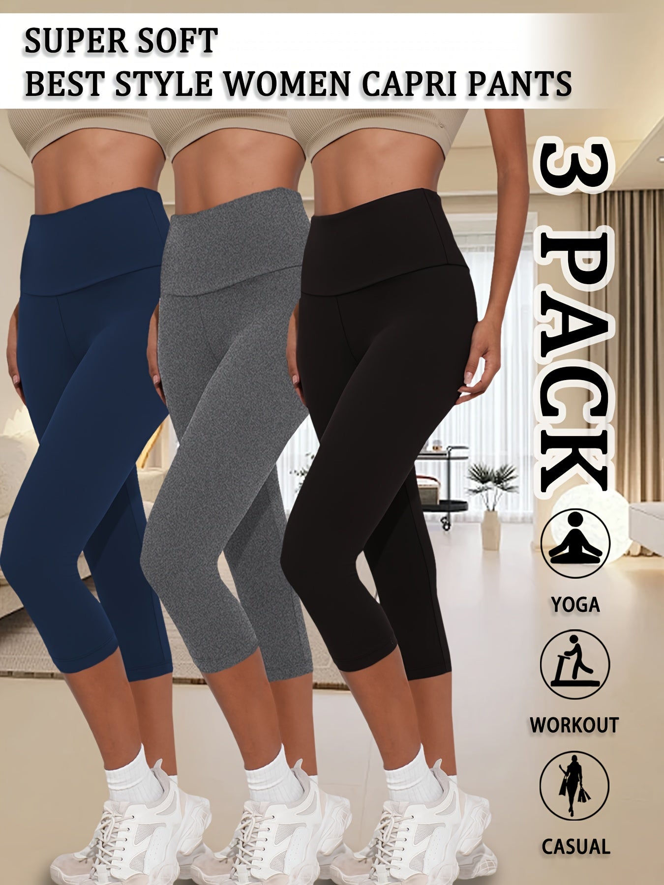 3-Pack Women's High Waisted Tummy Control Yoga Capri Pants - Super Soft Non-See Through Workout Leggings, High-Elasticity Machine Washable Solid Color for Running, Gym & Casual Wear (Spring/Summer/Fall)