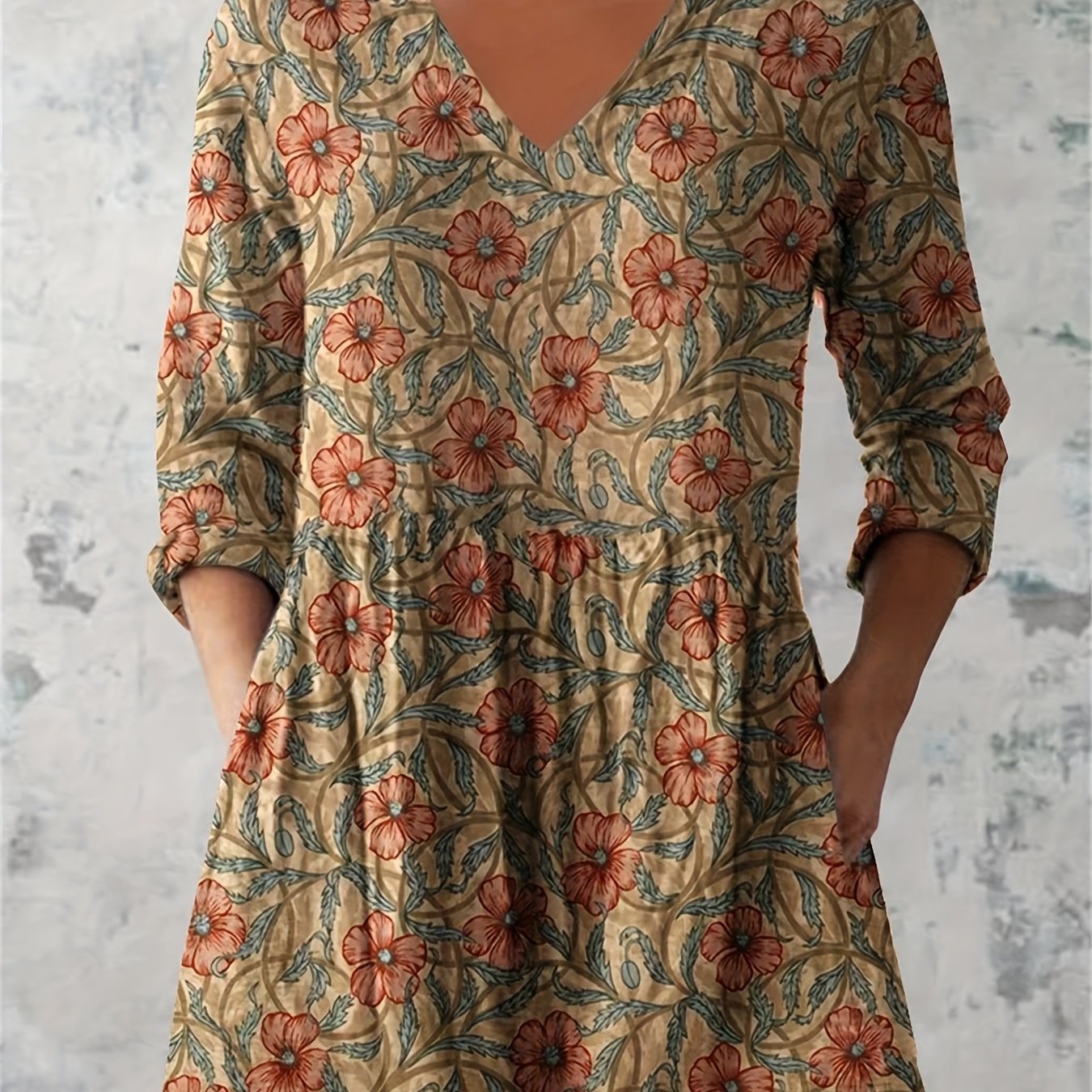Women's Retro Floral Print Casual And V-neck Top, Loose Casual Mature Style