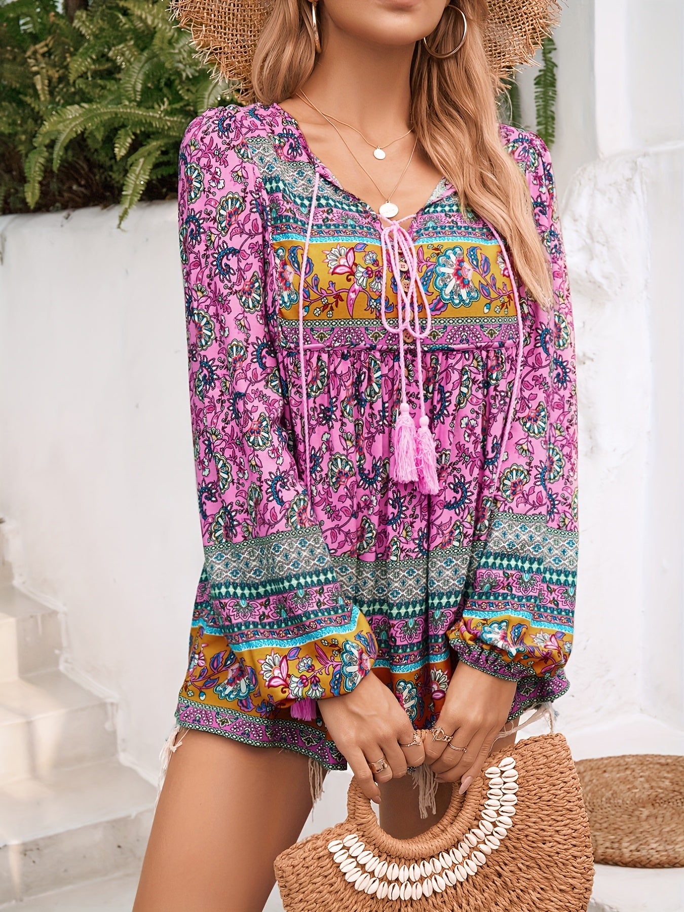 ZAFUL Women'S Lace-up Pendant Tassel Bohemian Print Shirt Top, Long Sleeve Loose Casual T-shirt