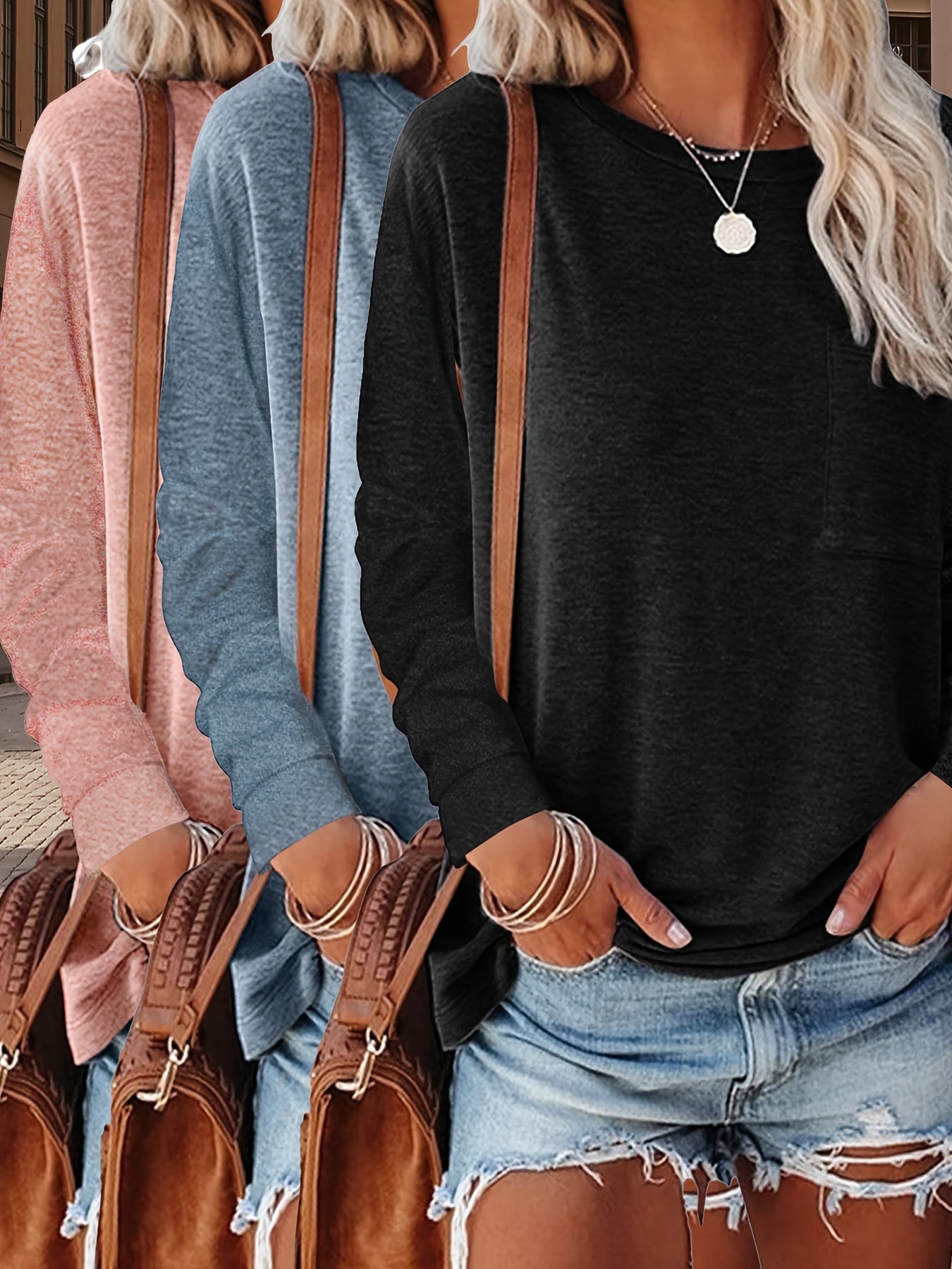 3pcs Women'S Spring And Autumn T Shirt Long Sleeve Chest Pocket Casual Comfort Top