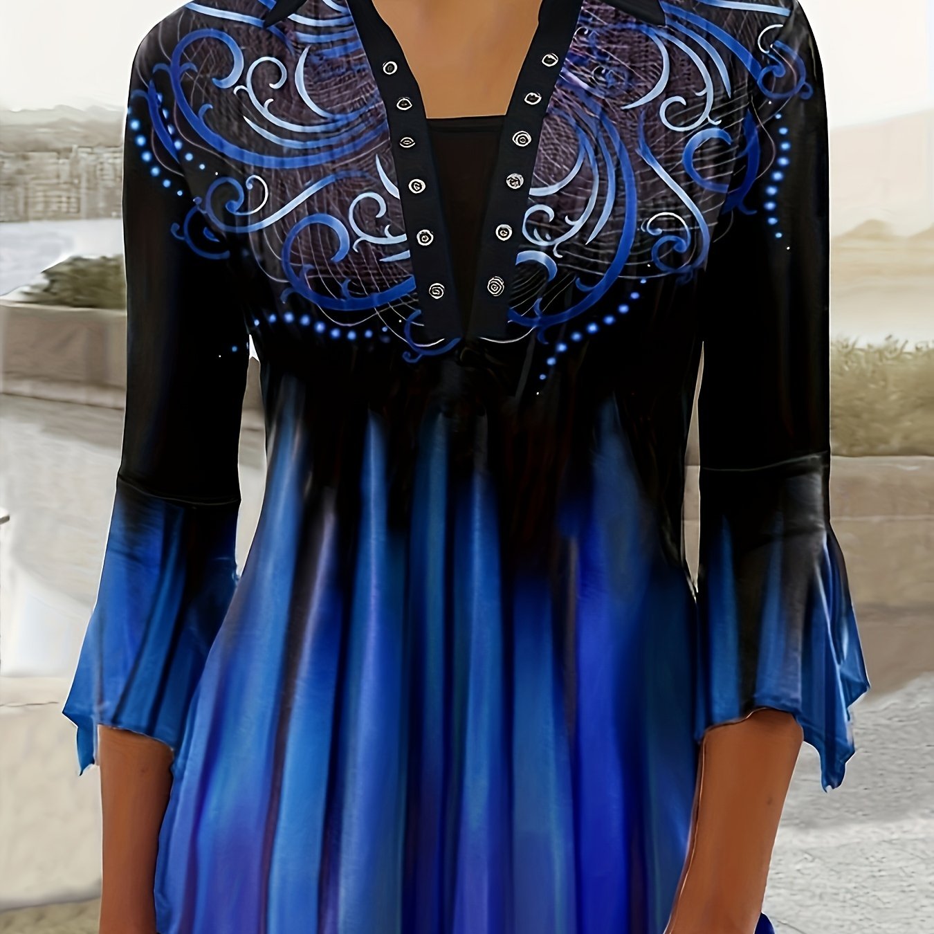 Spring And Autumn New Women Printed Lapel Three-quarter Sleeve T-shirt Irregular Sleeve Button-up Top
