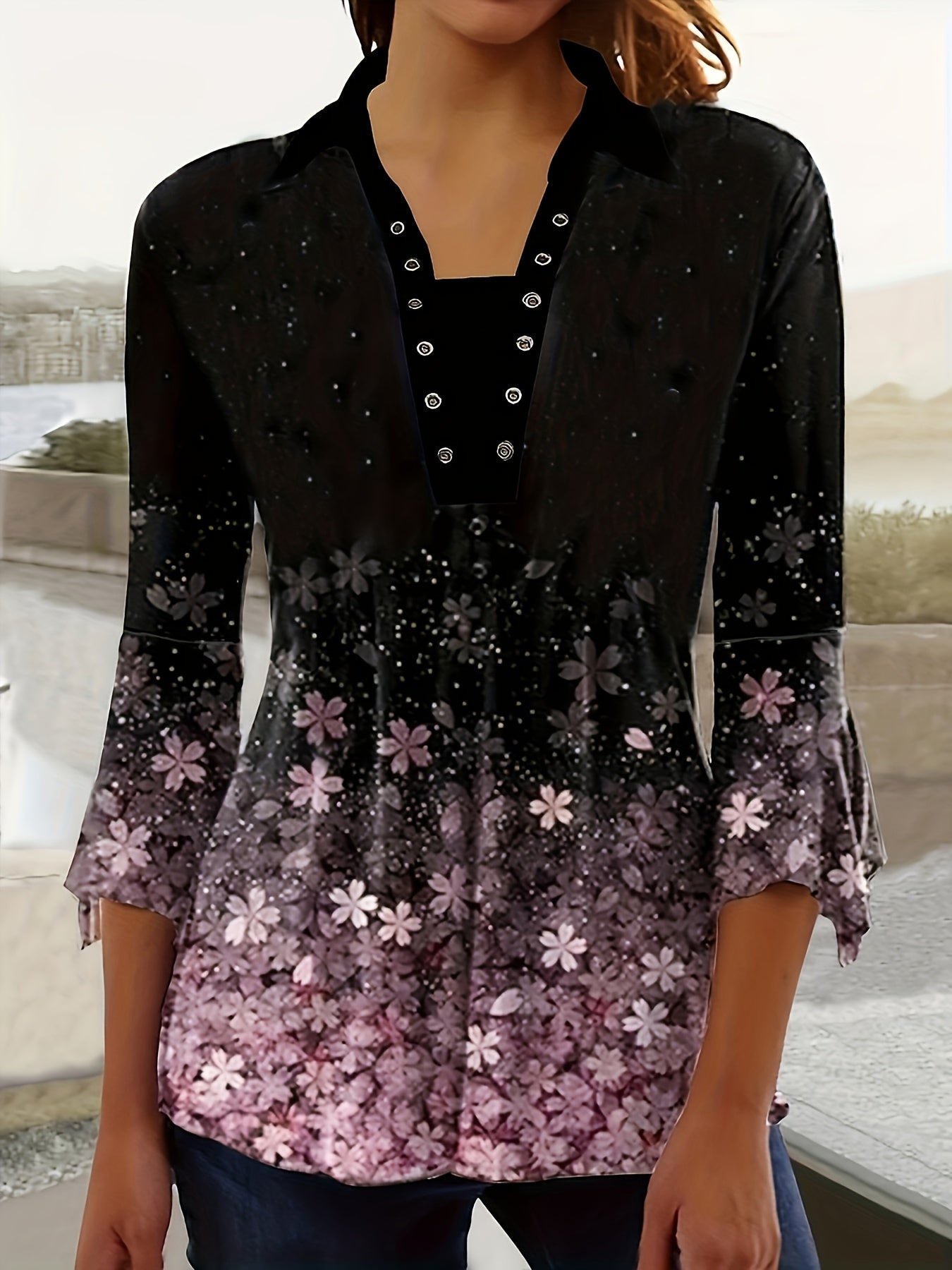 Spring And Autumn New Women Printed Lapel Three-quarter Sleeve T-shirt Irregular Sleeve Button-up Top