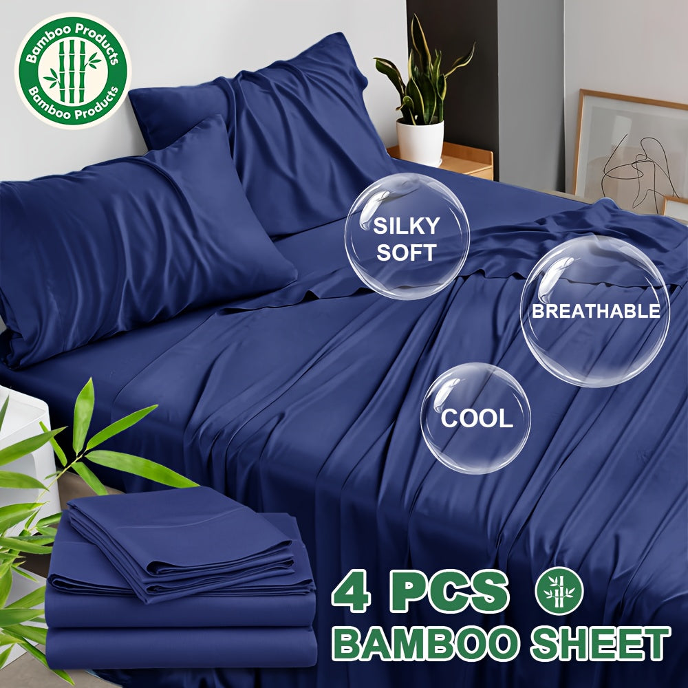4pcs Cooling Bamboo Blend Bed Sheet Set, Deep Pocket 20" Bed Sheet, Creating A Five Star Hotel Like Luxurious Experience, Deep Pockets (Up To 20"), Wrinkle, Fade, Fitted Sheet+Flat Sheet+Pillowcase