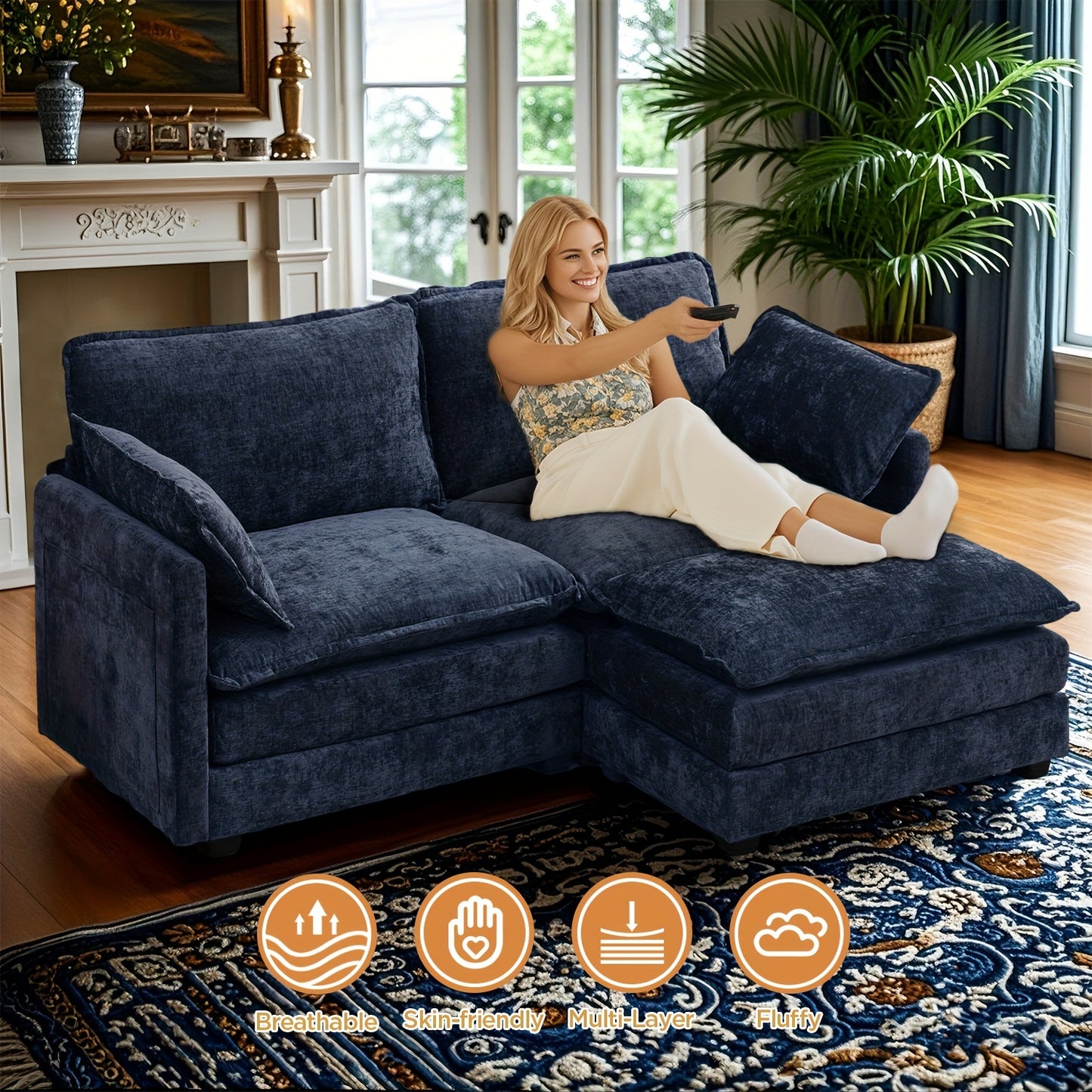 Royal Blue Chenille Sectional Sofa - 2-Seater Deep Seat Couch with Ottoman, Contemporary Hardwood Frame, Plush Upholstery for Living Room or Home Office, Couch for Living Room