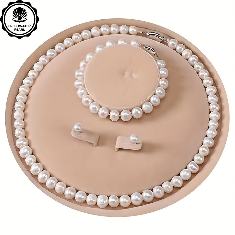 Freshwater Pearls Jewelry Set - Earrings + Bracelet + Necklace, Teenager&Apos;S High Quality Gift Set, Birthday Gift, Mother&Apos;S Day Gift, Halloween Thanksgiving Christmas Gift, Gift Box, For Teenager
