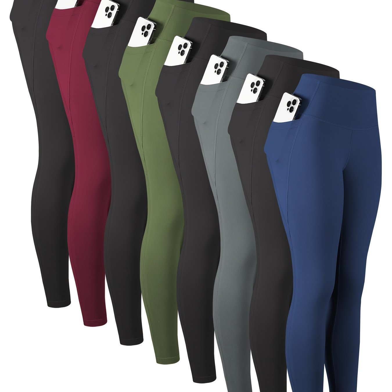 8pcs Set Women's High Waisted Yoga Leggings - Full-Length & 3/4 Length Options, High-Stretch Spandex Light Beige-Friendly Workout Pants with Pockets, All-Season Gym & Casual Athletic Wear (Multi-Color Options: Black, Navy, Gr