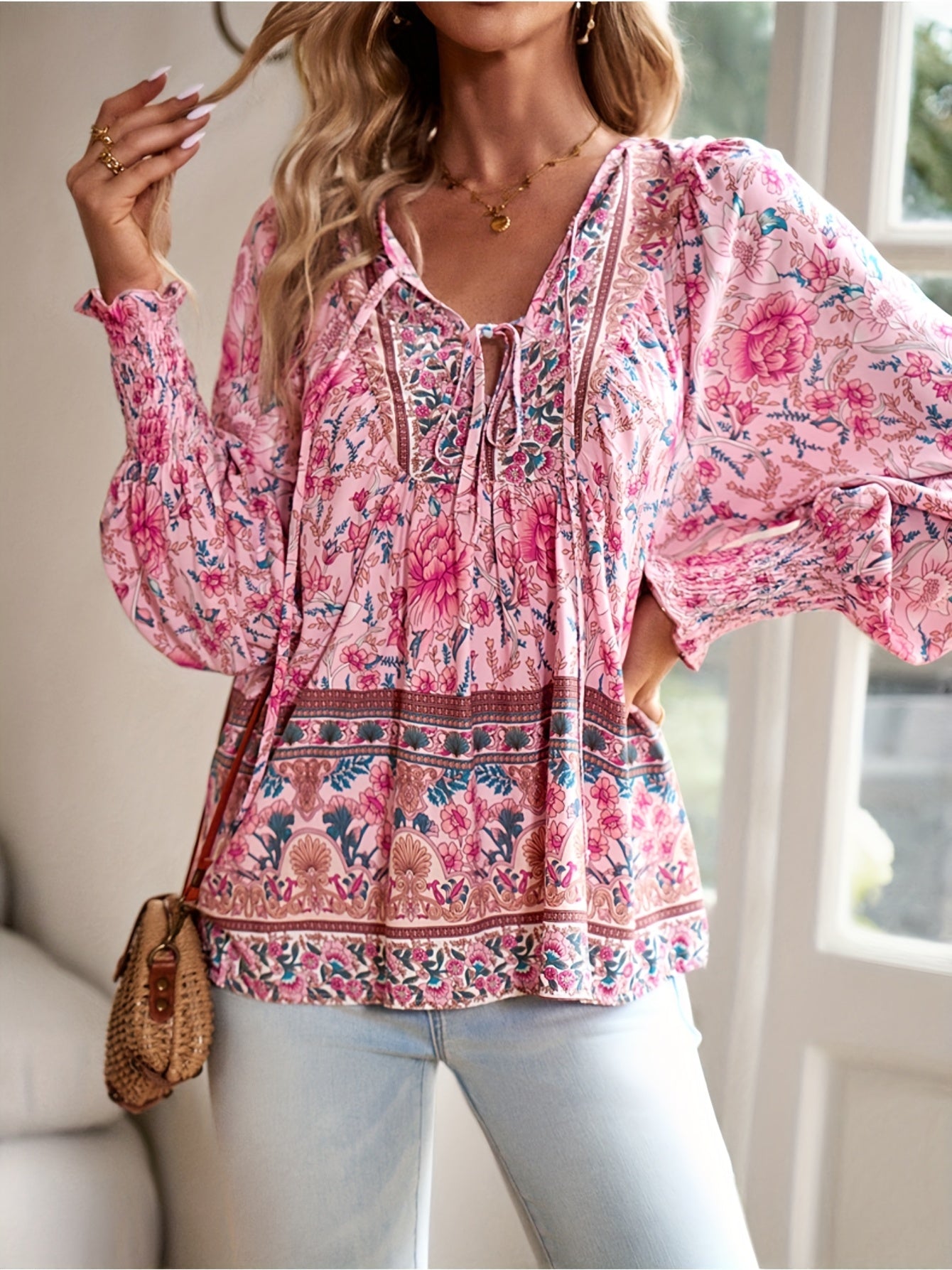 Bohemian Resort Style Printed V-neck Tied Long Sleeve Top Shirt Fashion Commuting.