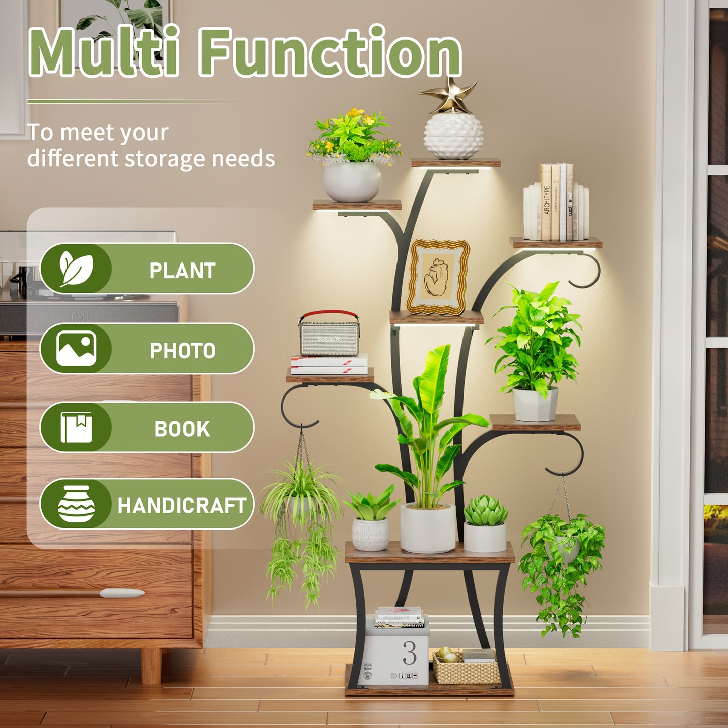 1pc Indoor Plant Stand With Grow Lights, 8-tier Corner Small Display Stand 47" Multi-functional Metal Display Shelf For Plants Handicraft, Tree-shaped Plant Shelf For Living Room Balcony Multiple Scenarios, Home Decor, Good G