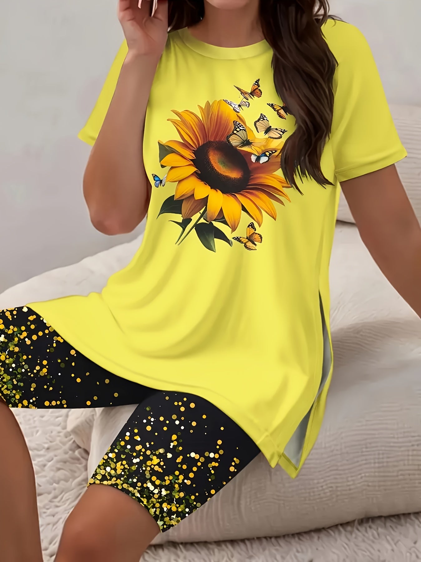 SINHOON Women'S Floral Two-Piece Set, Side Slit Top & Stretch Shorts For Casual Summer & Beach Outfits