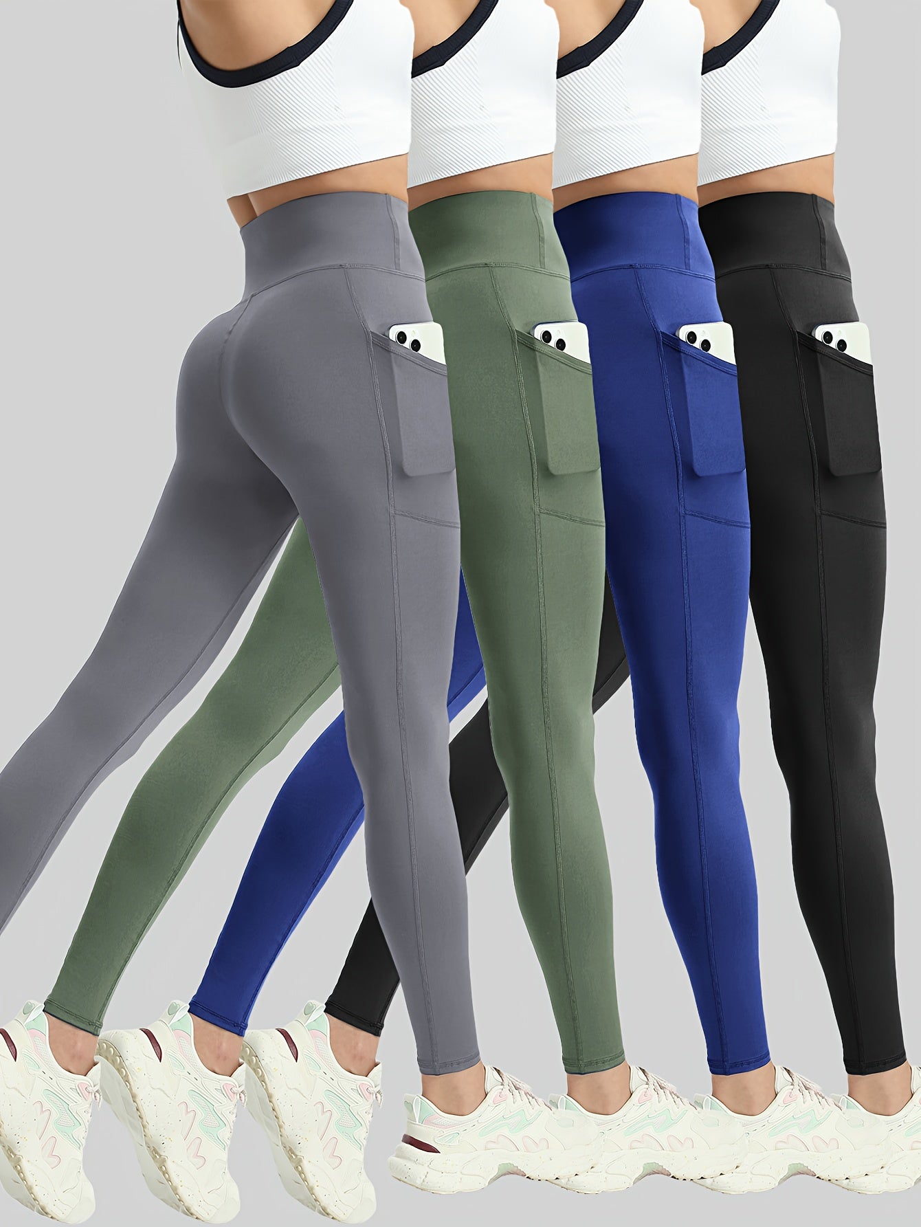 4pcs Women'S Plus Size High Waist Tummy Control Yoga Leggings with Pockets - Stretchy, Non-See-Through Workout Pants in White, Pink, Maroon, Black - Perfect for Gym, Fitness & Casual Wear, Yoga Pants