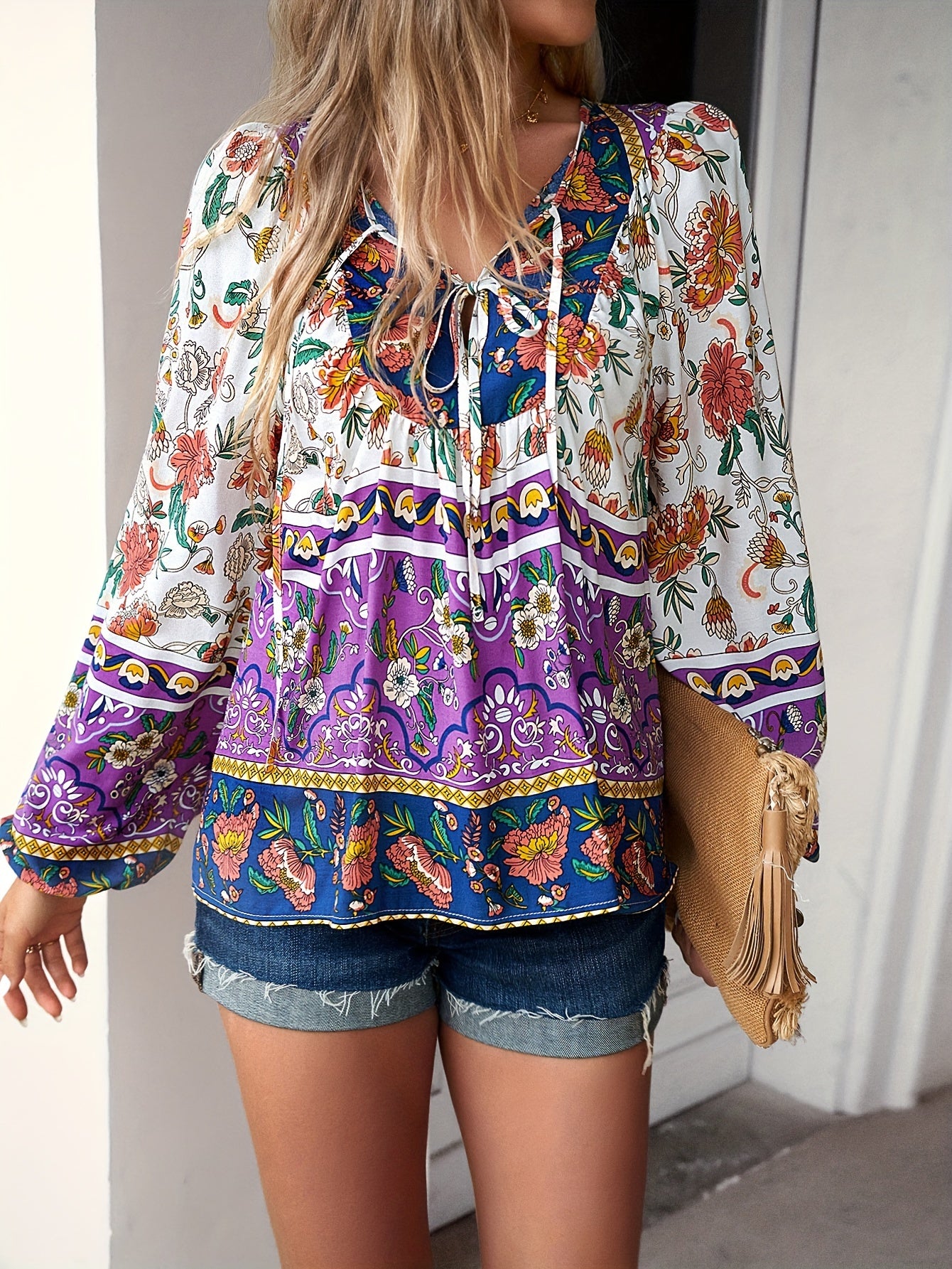 Women's Floral Print Lace-Up V-Neck Blouse - Casual Baggy Long Sleeve Shirt with Adjustable Wrist Ties, Lightweight Non-Stretch Fabric for Spring & Fall, Machine Washable, Long Sleeve Blouse, Everyday Stylish Top, Asymmetrica