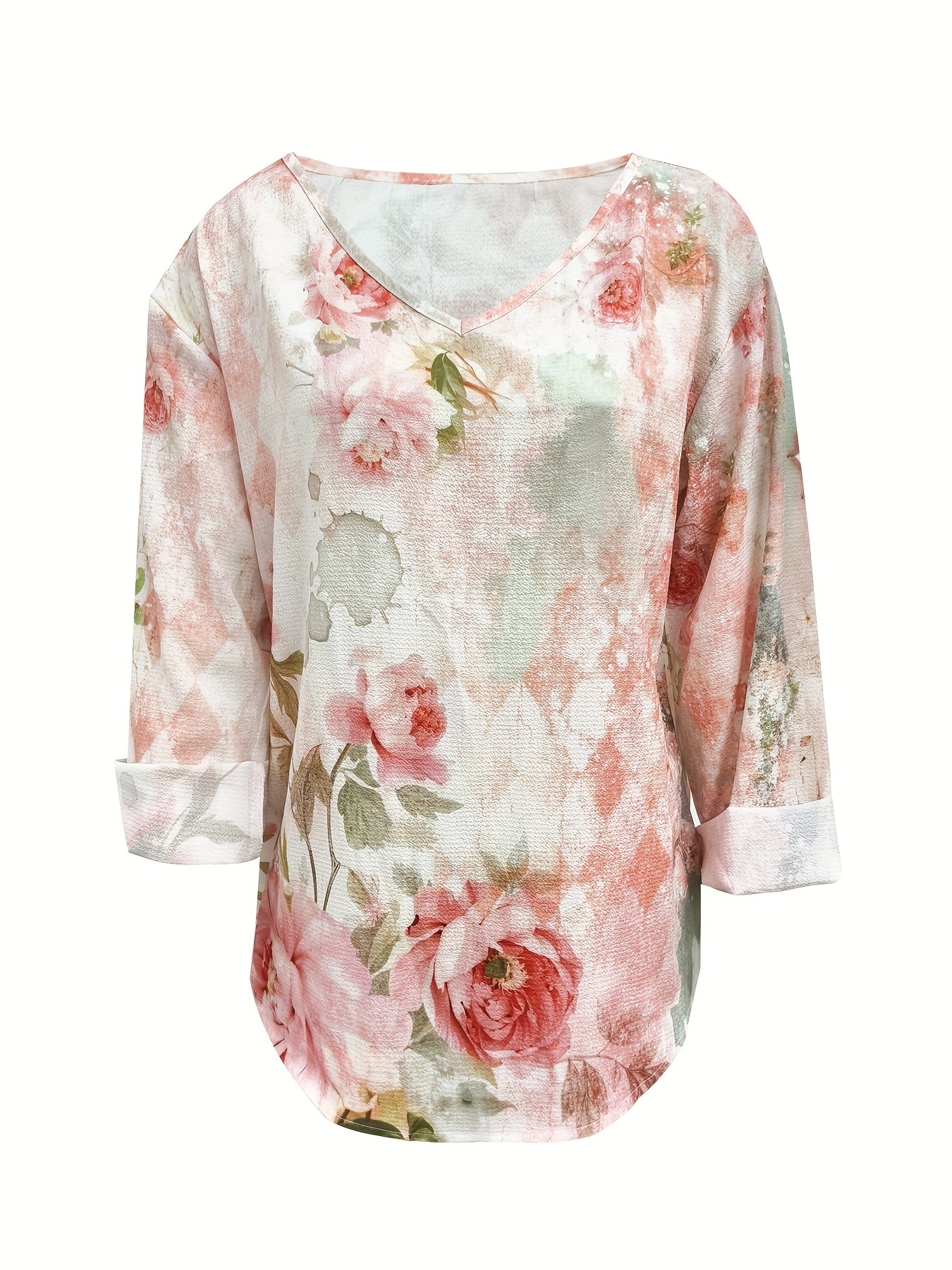 Women's Vintage Casual 3D Floral Print V-Neck Long Sleeve Blouse - Lightweight Summer Shirt with Pink Roses & Green Foliage Design, Machine Washable, Relaxed Fit Top, Soft Texture Apparel, Everyday Top, Breathable Fabric, Adu