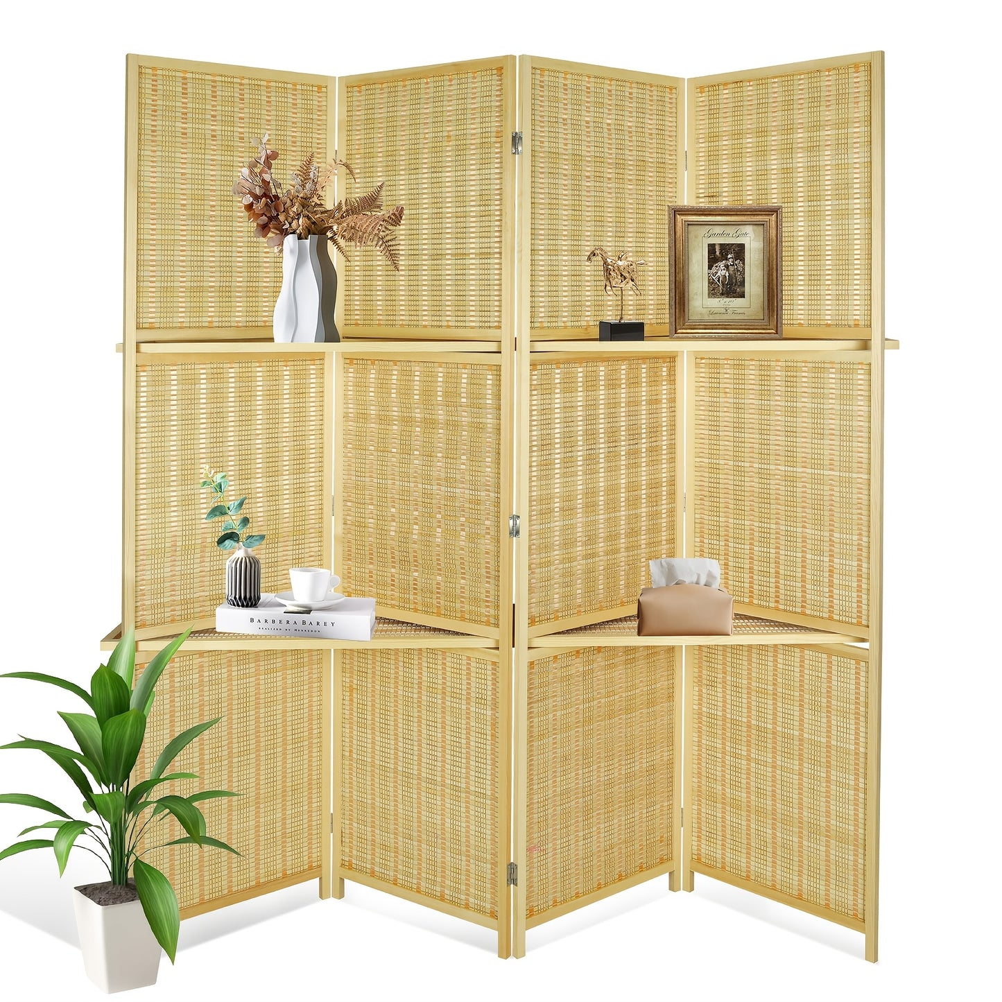 Room Divider With Shelves, Bamboo Room Divider 4 Panel, Folding Screen, Room Dividers And Folding Privacy Screen, Portable Room Divider Screen For Home Office Studio Apartment Garage