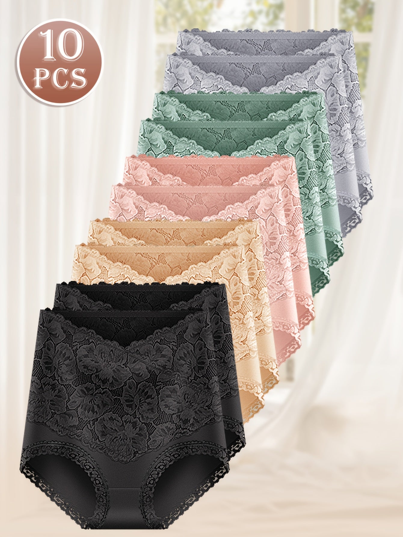 10Pack MIOTAN Elegant Lace Panties - High-Waisted Tummy Control, Cotton BlendKnit Fabric, Full Coverage Comfort Fit, Soft And Breathable, Everyday Wear SolidColors, Classic Brief Style