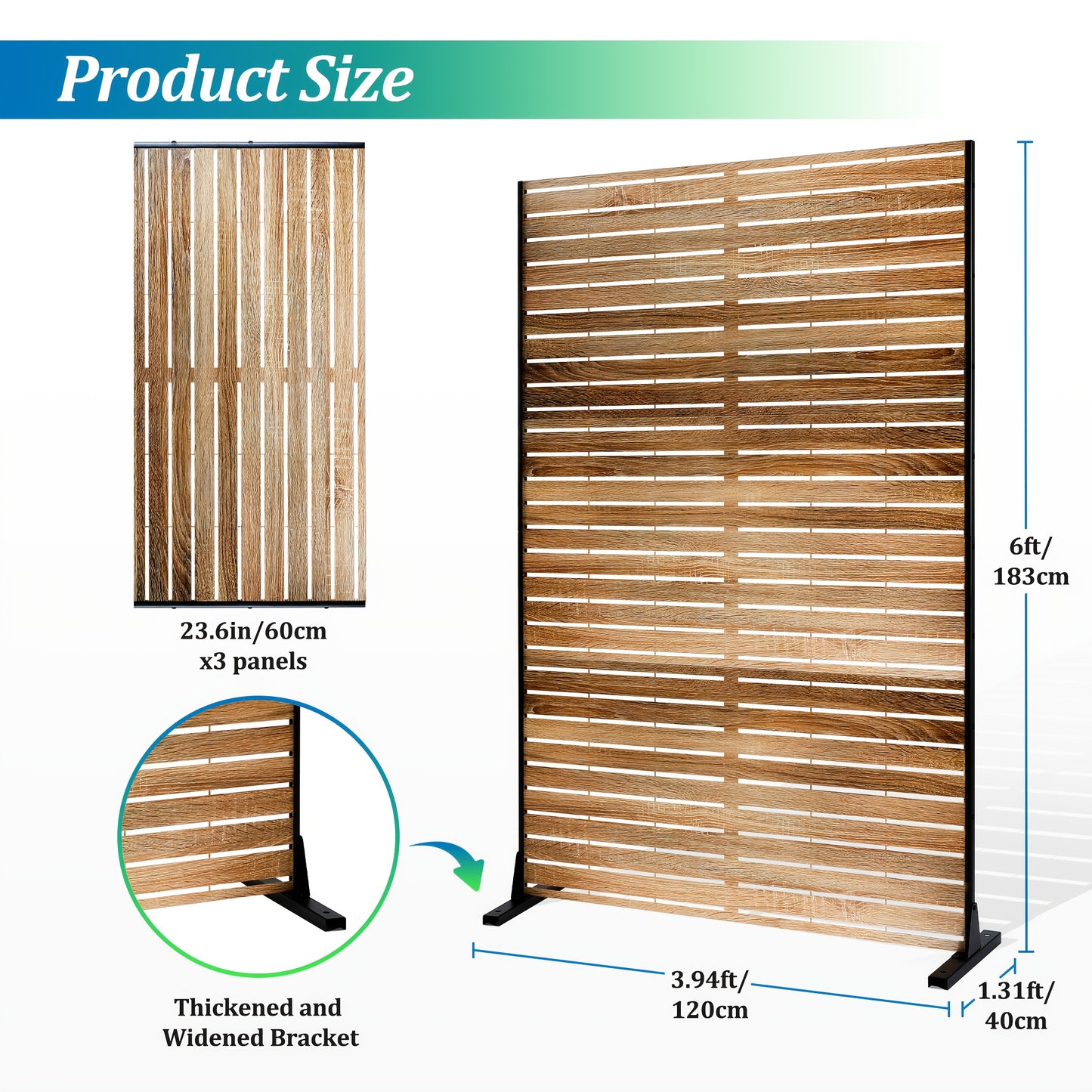 Natural Wood-Look Metal Privacy Screen, 4ft x 6ft - Freestanding Outdoor Fence with Bracket for Patio, Balcony, Backyard & Garden, Decorative Privacy Screen Panel, Metal Outdoor, 4ft W X 6ft H