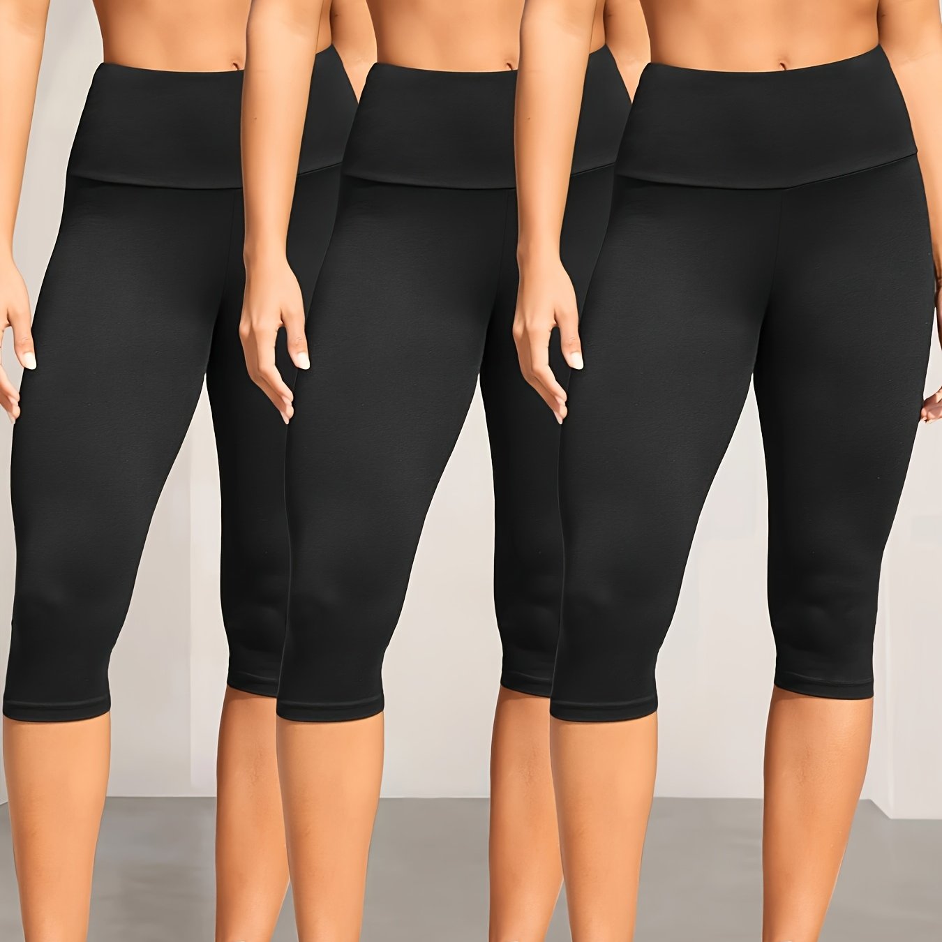 3-Pack Women's High Waisted Tummy Control Yoga Capri Pants - Super Soft Non-See Through Workout Leggings, High-Elasticity Machine Washable Solid Color for Running, Gym & Casual Wear (Spring/Summer/Fall)