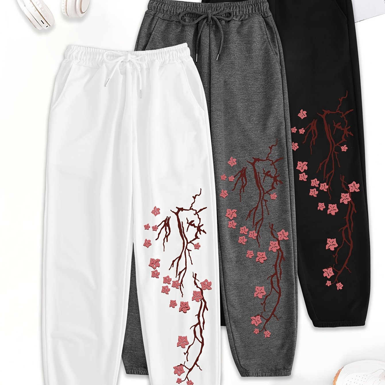 3pcs Women'S Casual Joggers with Elastic Waistband - Loose Fit, Drawstring Pants, White & Gray with Red Floral Print, All-Season Comfort, Jogging Pants