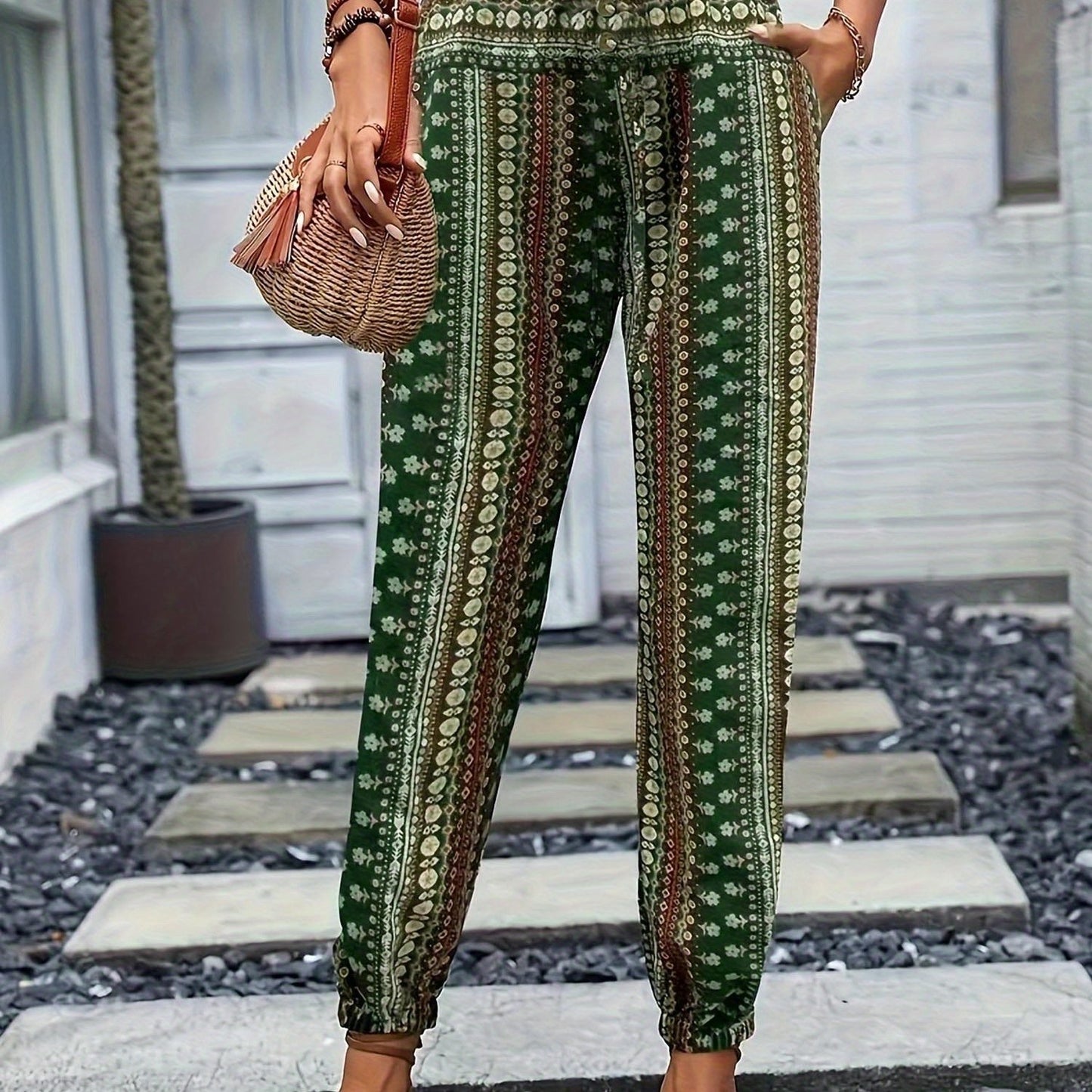 Women's Loose Fit Linen-Textured Polyester Harem Pants - Casual Summer Tapered Ankle Trousers with Pockets, Elastic Waist & Button Closure, Random Print for Outdoor